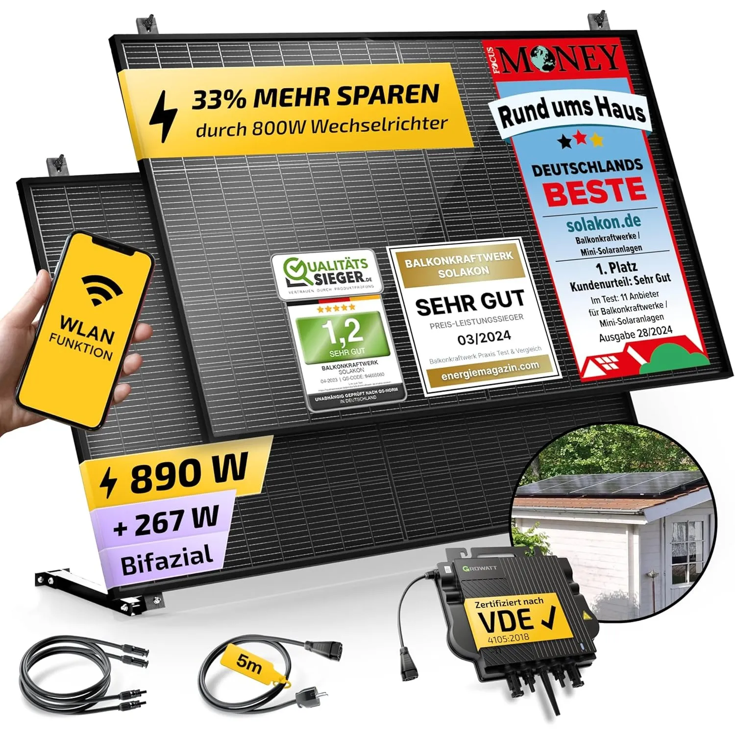 Solakon 900W Balkonkraftwerk mit Halterung (Gartenhaus) - Balkonkraftwerk 800W komplett Steckdose - 800 Watt Wechselric…