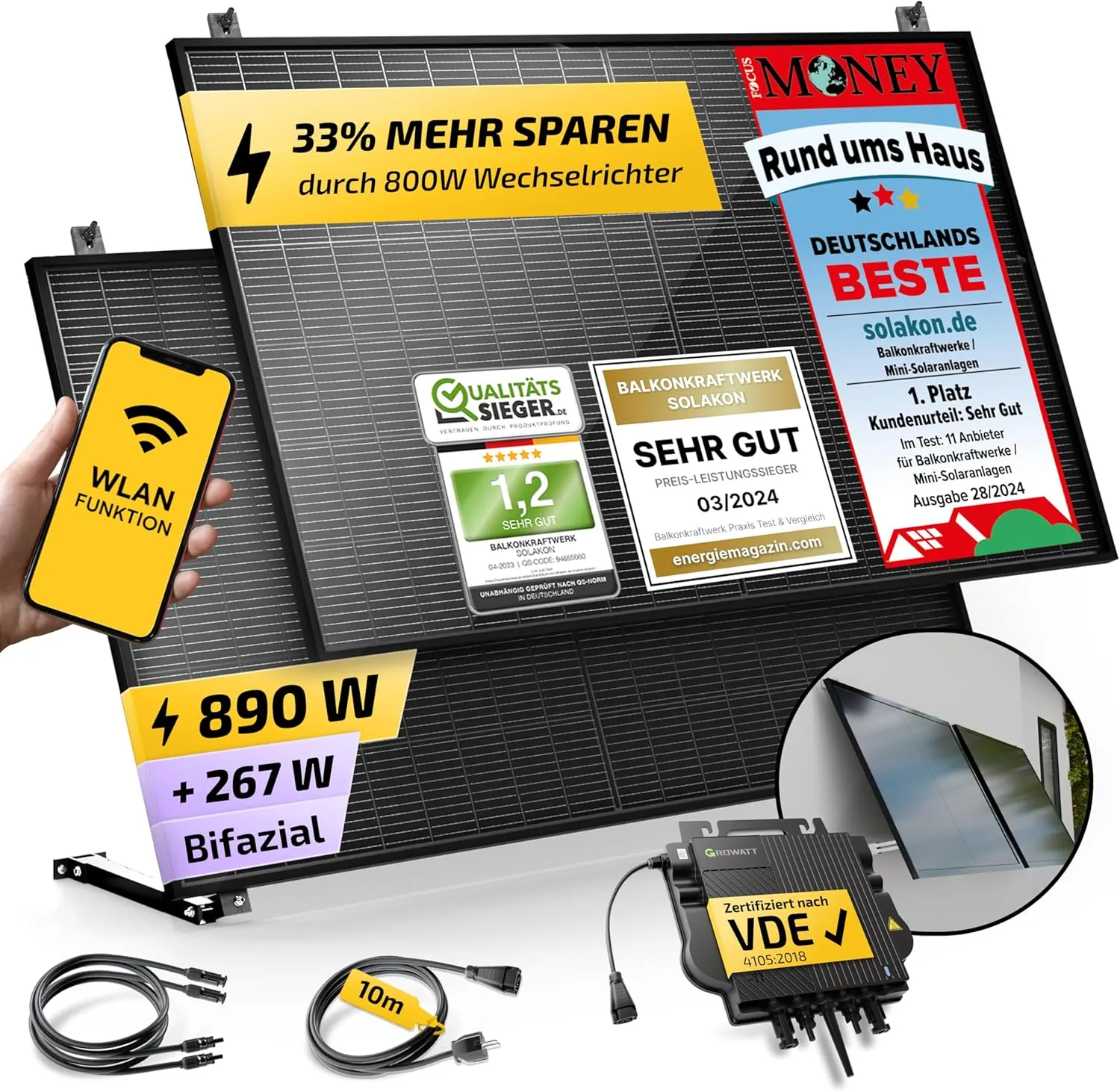 Solakon 900W Balkonkraftwerk mit Halterung (Wand) - Balkonkraftwerk 800W komplett Steckdose - 800 Watt Wechselrichter - Solaranlage Komplettset - 450W bifaziale Solarmodule inkl. Zubehör - 10m Kabel