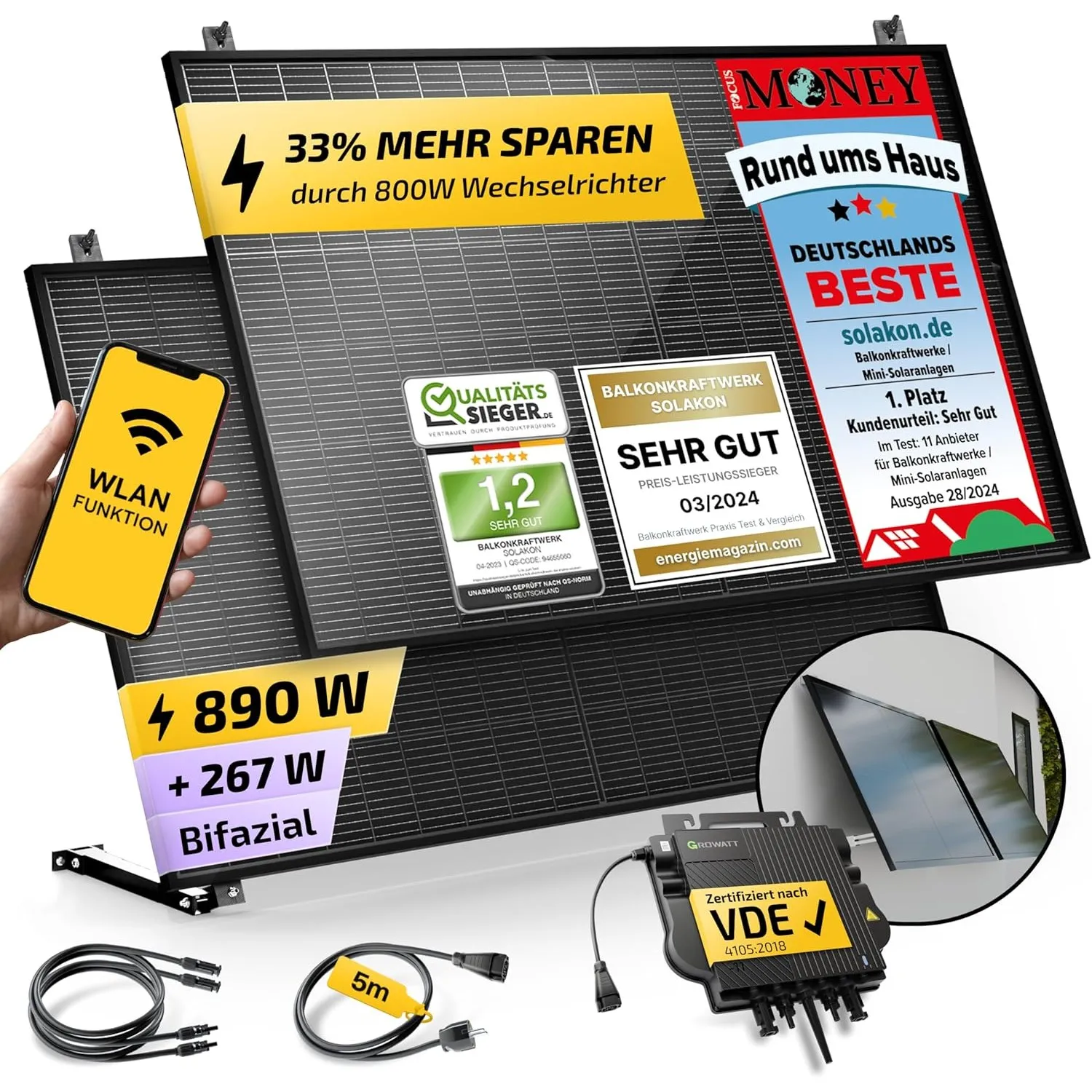 Solakon 900W Balkonkraftwerk mit Halterung (Wand) - Balkonkraftwerk 800W komplett Steckdose - 800 Watt Wechselrichter -…