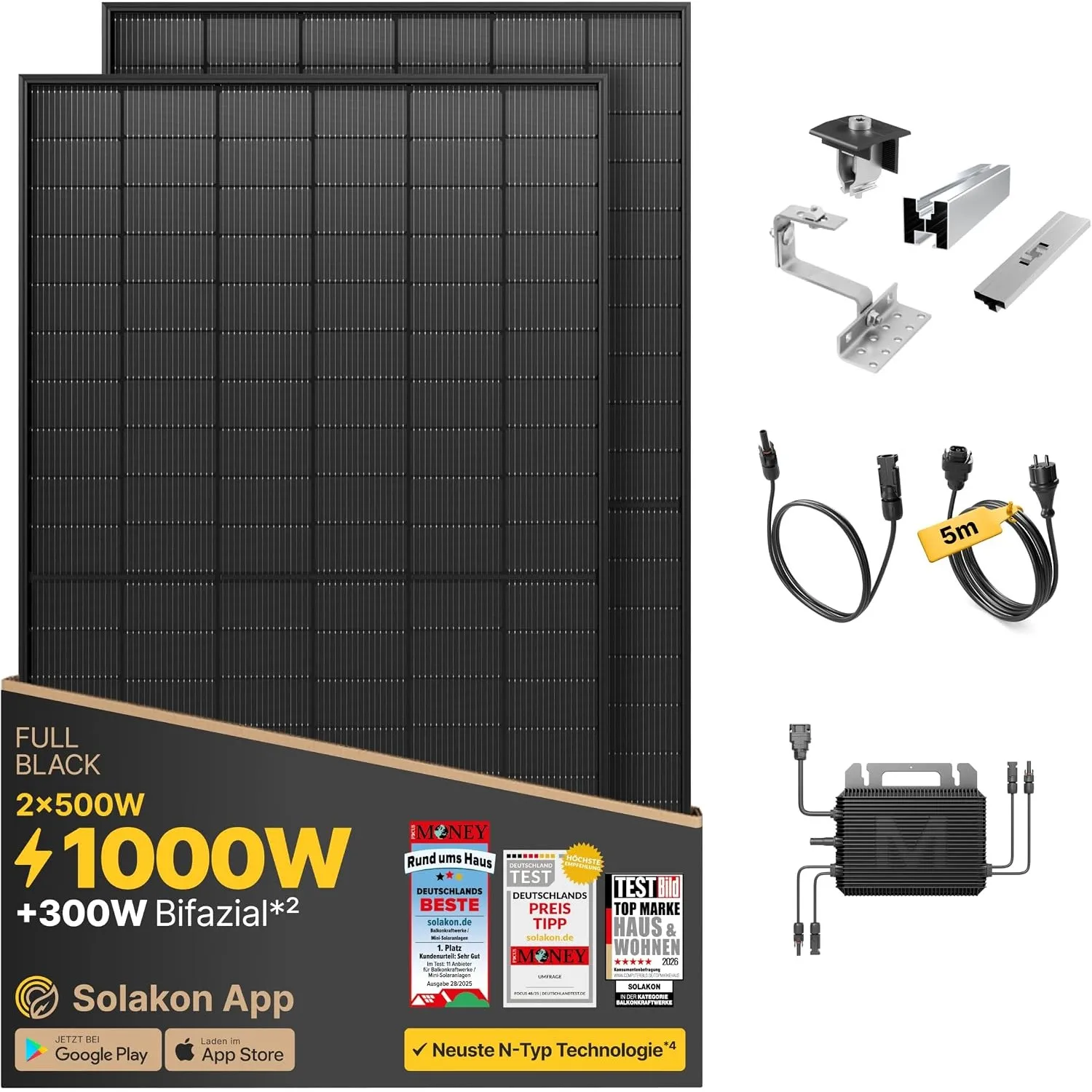 Solakon® 1000W Balkonkraftwerk mit Halterung (Ziegeldach, Paarmontage) - 800W komplett Steckdose - neuester 800W Wechse…