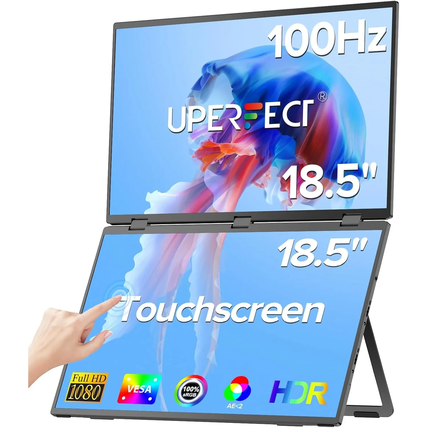UPERFECT Delta 18.5" 100Hz Touchscreen Dual Portable Monitor, Laptop Screen Extender Stacked Triple Folding Monitor wit…