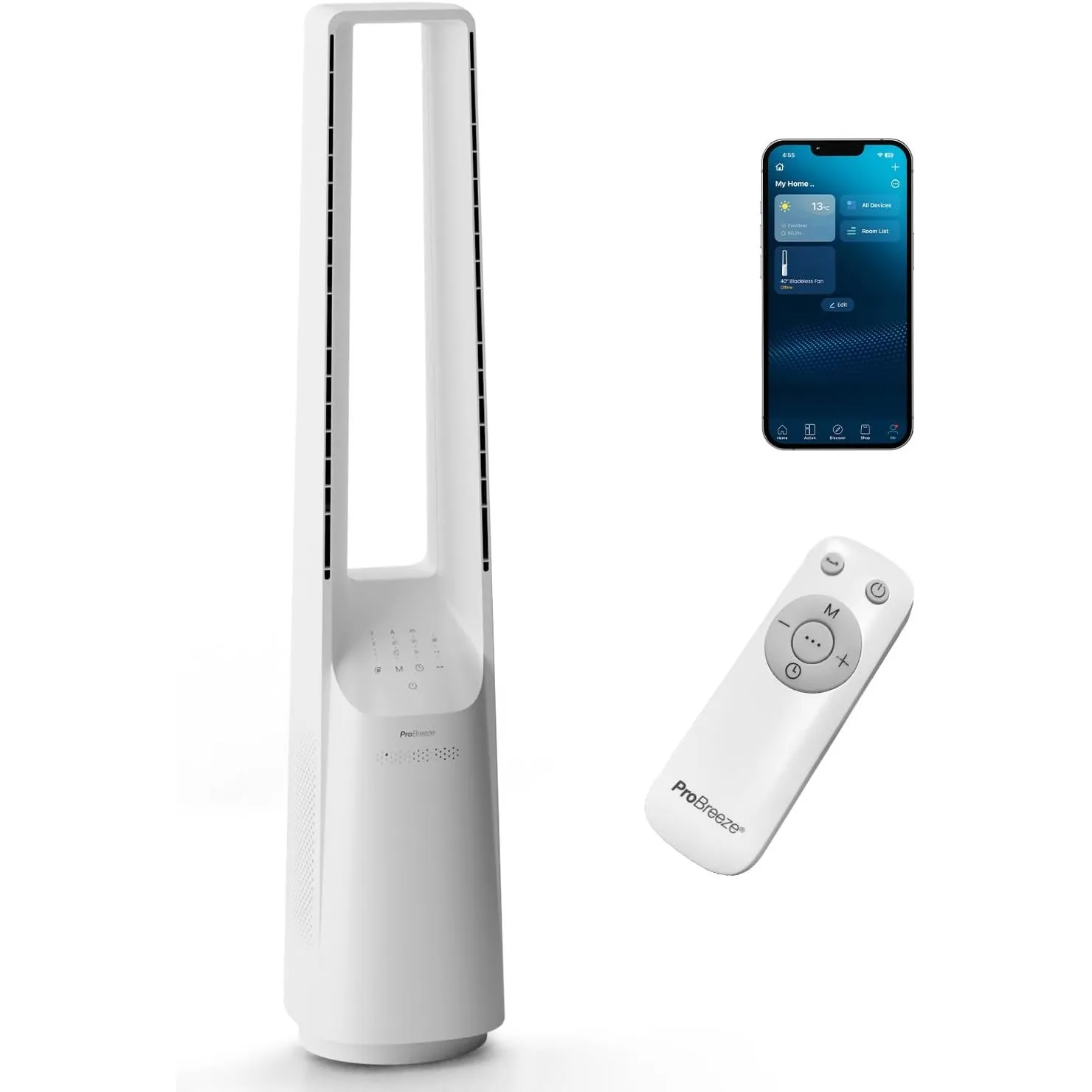 Pro Breeze 101cm rotorloser Ventilator - Smart Home Ventilator mit WLAN, Fernbedienung, LED Display, 6 Geschwindigkeite…