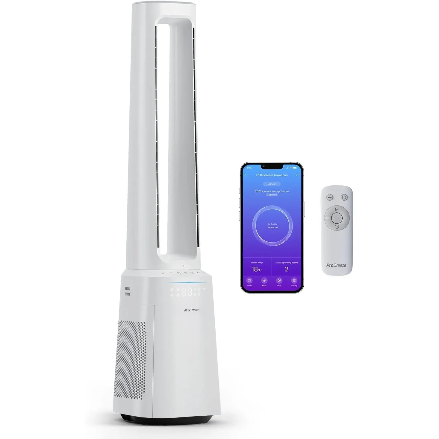 Pro Breeze OmniAir 105cm rotorloser Ventilator mit Luftreiniger - Smart Home Ventilator, WLAN, App, HEPA 13 Filter, 10 …
