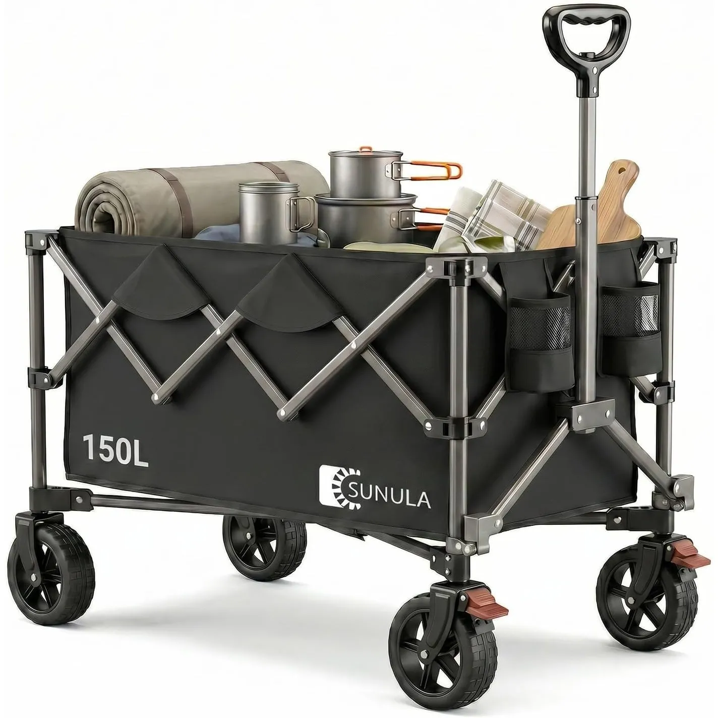 SUNULA Bollerwagen Faltbar Tragkraft 120KG, Klappbarer Handwagen mit EIN-klick-Handgriff & 4-seitig zusammenfaltbar, Ge…