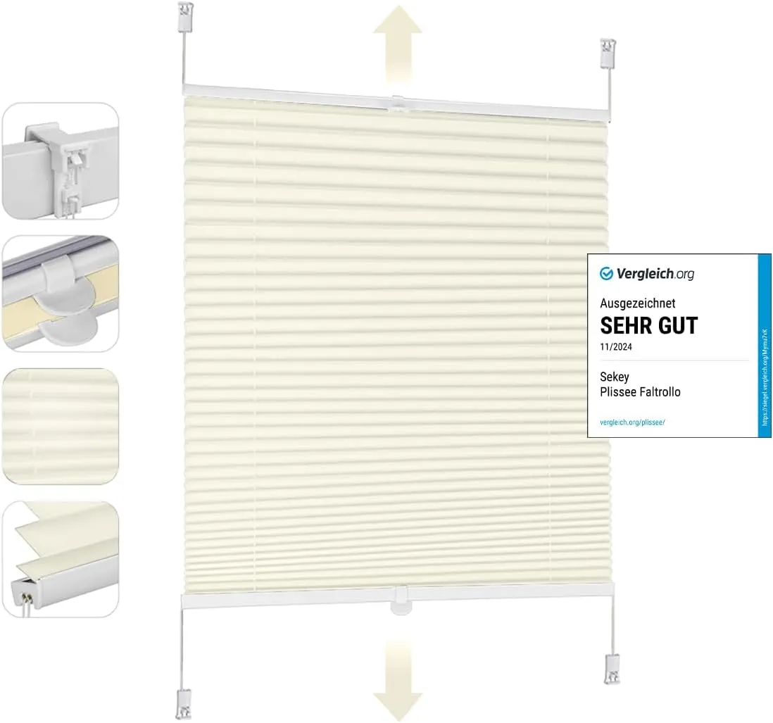 Sekey Pleated Blinds Klemmfix No Drilling 80 x 100 cm Folding Roller Blind for Door and Window Opaque Privacy Screen Su…