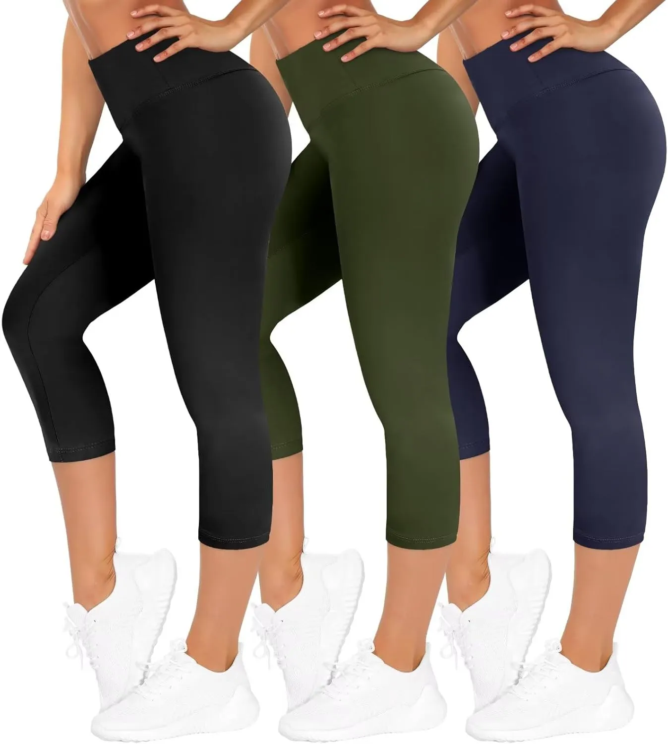 TNNZEET Pack of 3 Capri Leggings, Women's High Waist Black Leggings, Opaque for Sports Gym