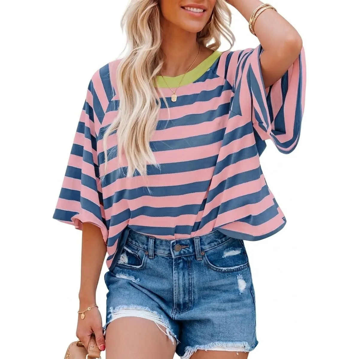 Chicrise Tshirt Damen Sommer Oversize Gestreiftes Oberteile Kurze Rundhals Lässige Kurzarm Top