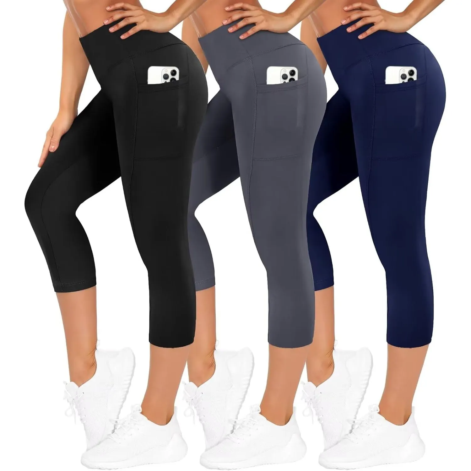 TNNZEET 3er Pack Leggings Damen 3/4 mit Taschen Capri für Sport, High Waist 7/8 Caprihose Sporthose für Gym