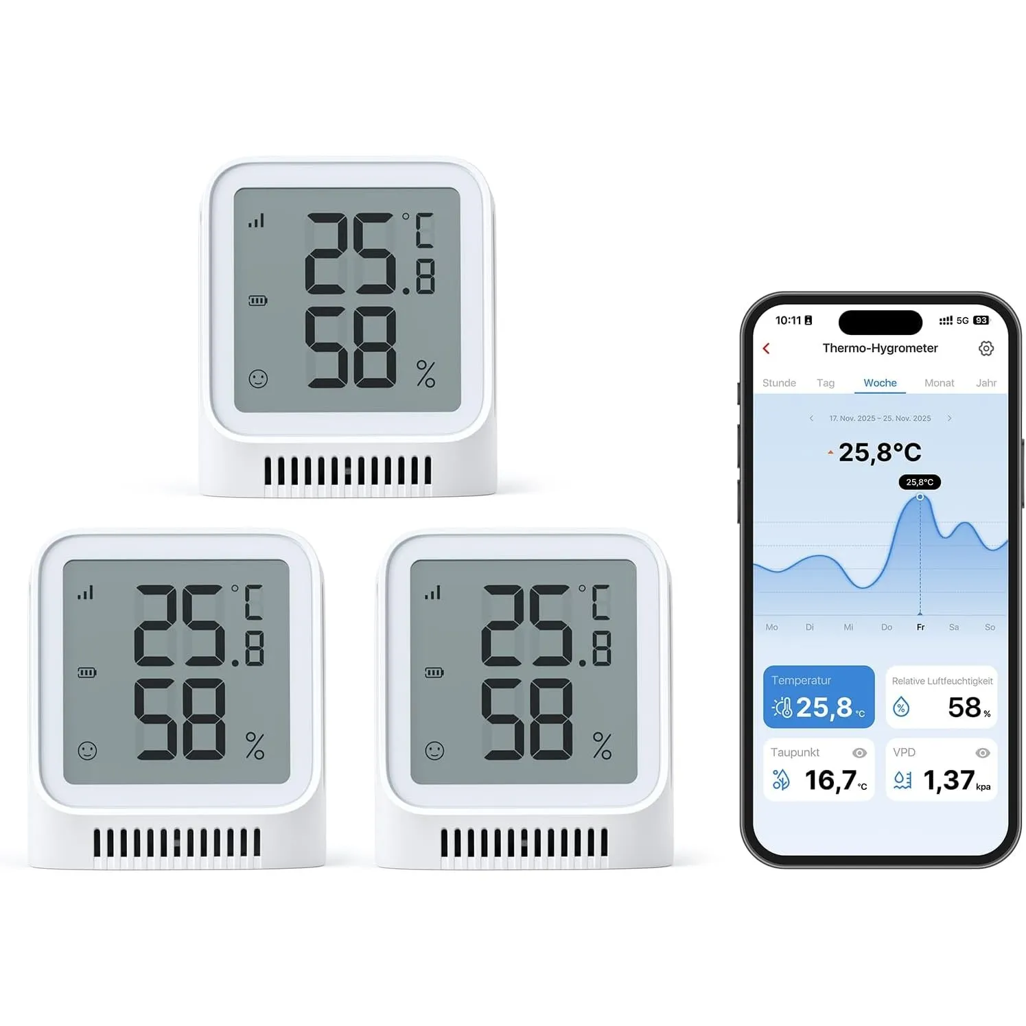 X-Sense 3 Stück WLAN Thermometer Hygrometer Innen mit X-Sense App, Mini Digital Raumthermometer, Angepasster Komfortber…