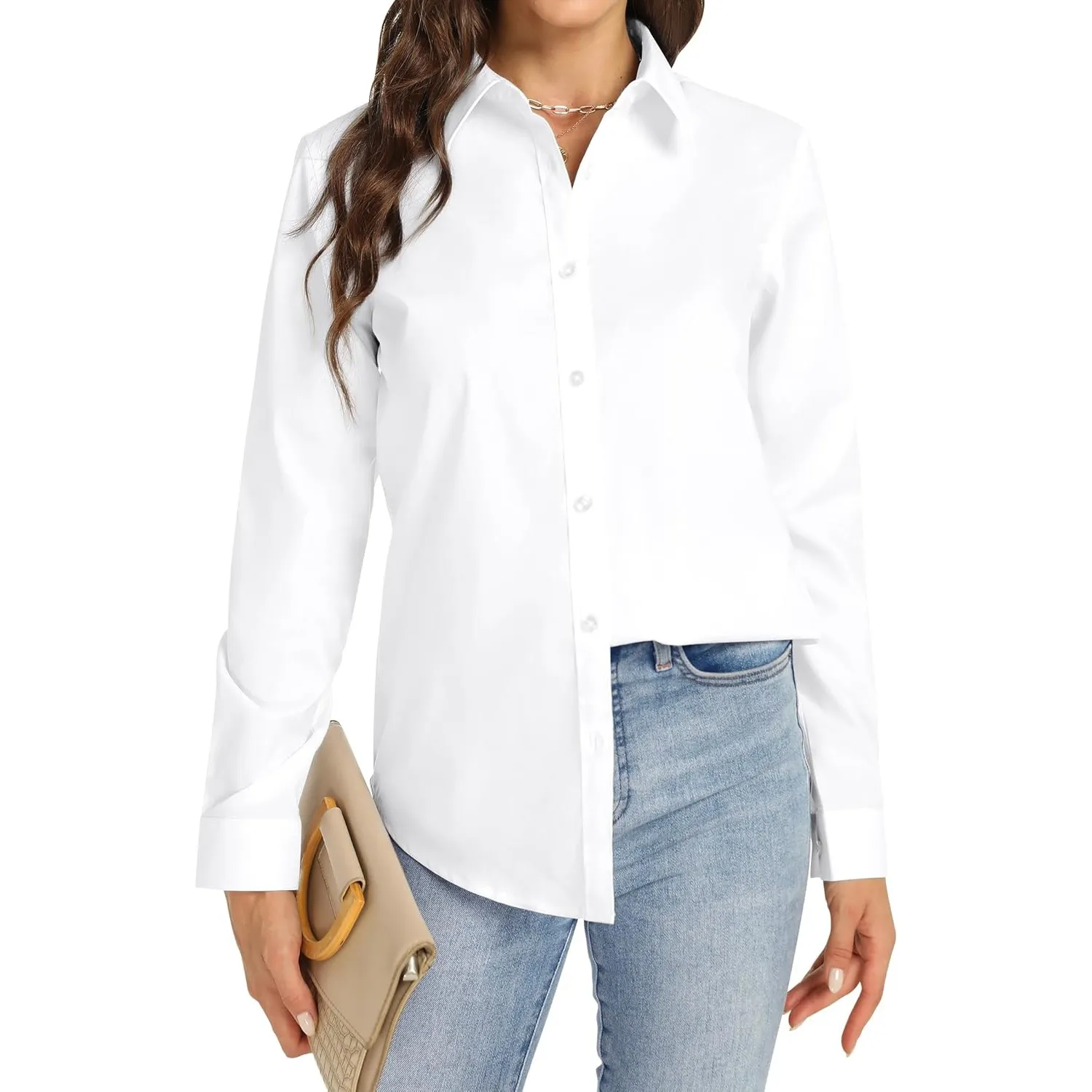 J.VER Bluse Damen Business Bügelfrei Langarmshirt Einfarbig Tops Kragen Baumwolle Oberteile Knitterfreies Damen Hemdblu…