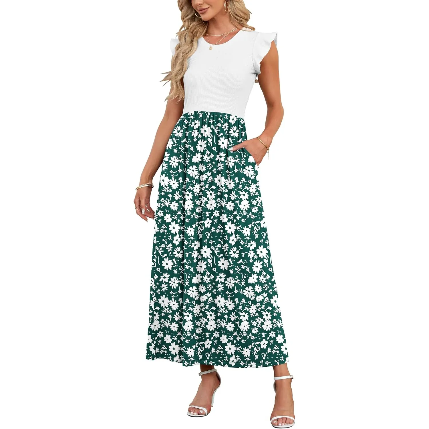 AUSELILY Sommer Maxikleider Dame mit Taschen Hohe Taille Lang Strandkleid | Elegante Blütenblatten Kurzarm Rundhals A L…