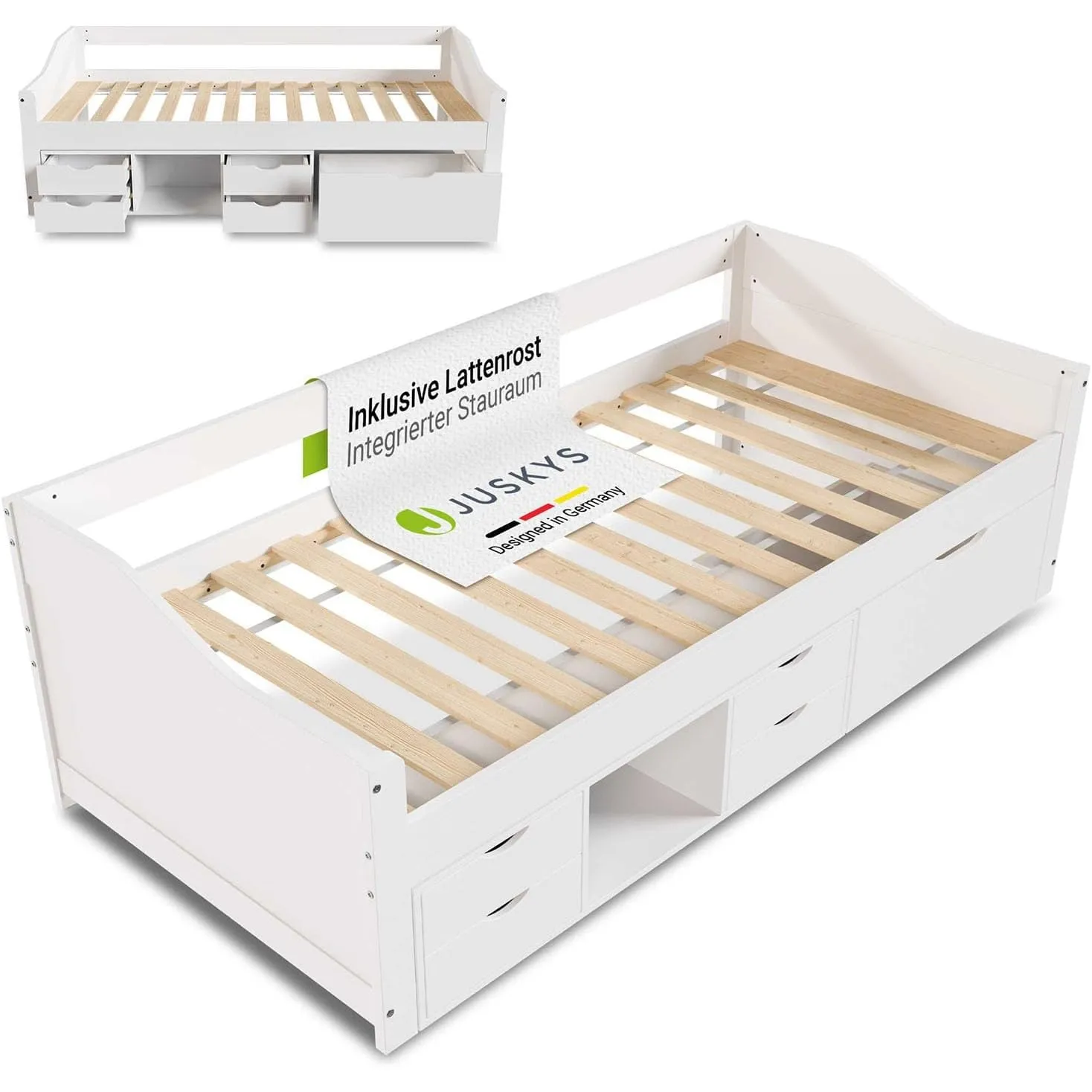 Juskys Funktionsbett Nalu 90x200 cm - Holz Bett mit Lattenrost & Schubladen - Stauraumbett für Kinder - Jugendbett, Kin…