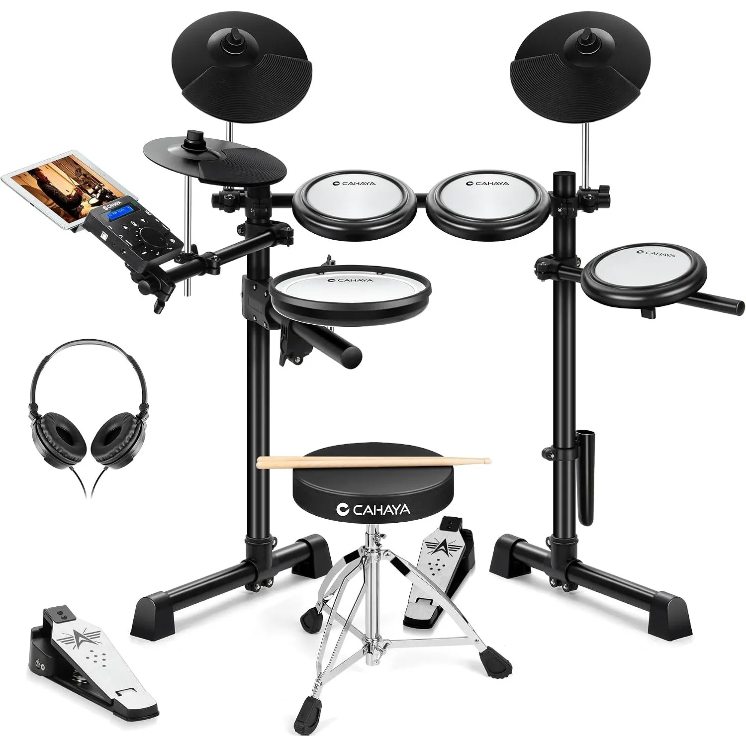 CAHAYA E-Drum Set, Elektronisches Schlagzeug mit Mesh-Fellen & Dual Trigger