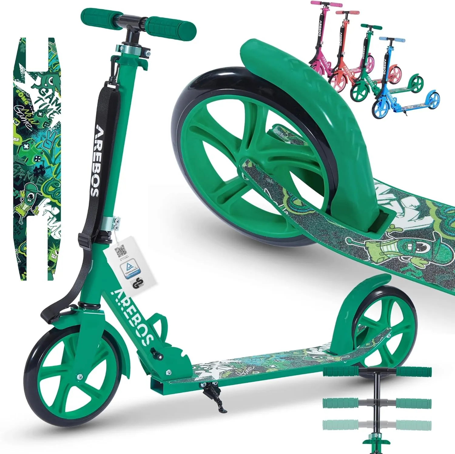 Arebos Cityroller Scooter Height-Adjustable | Foldable | Includes Carry Strap | XXL Wheels | Kick Brake | for Children …