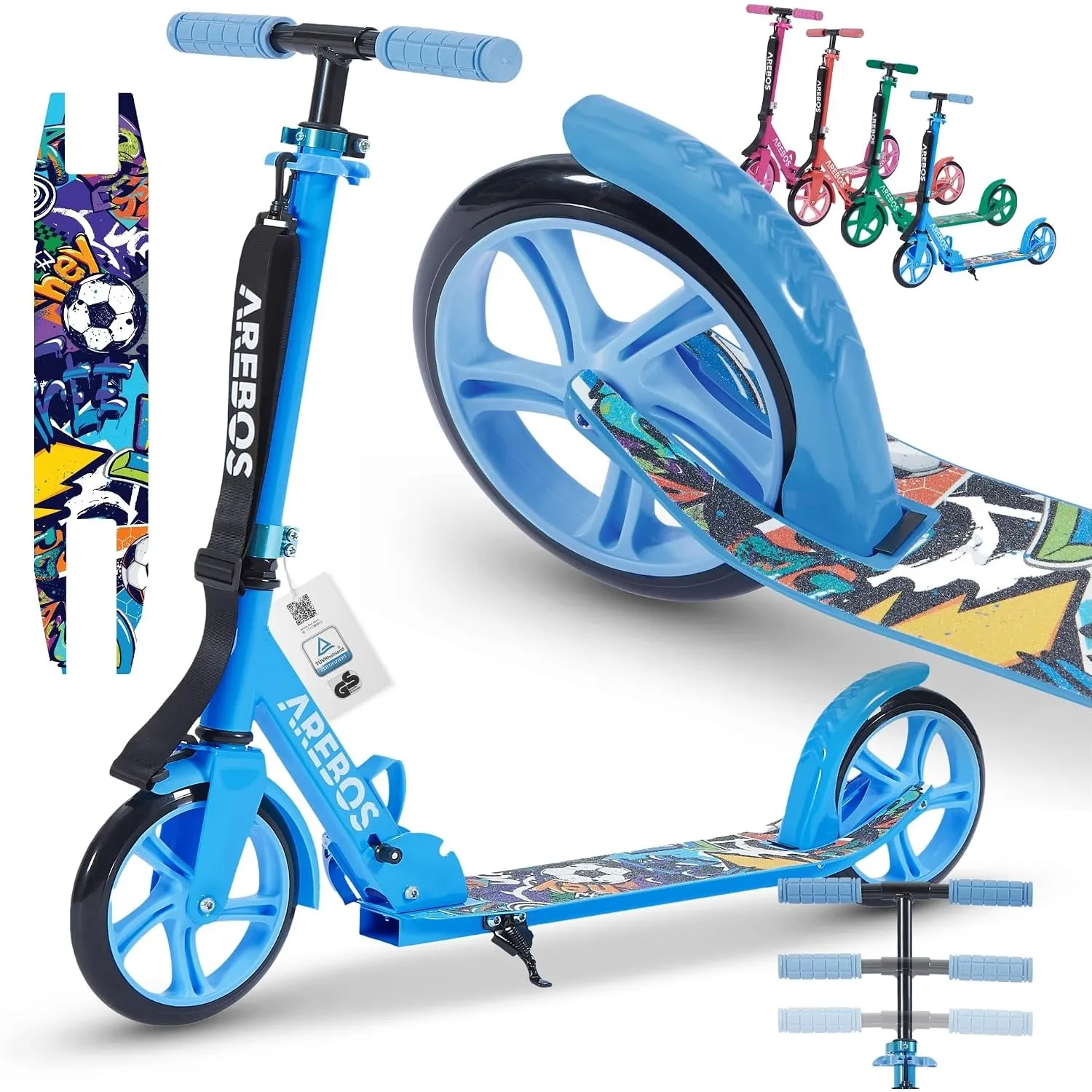 Arebos Cityroller Tretroller Scooter höhenverstellbar | klappbar | inkl. Traggurt | XXL Räder | Tritt-Bremse | für Kind…