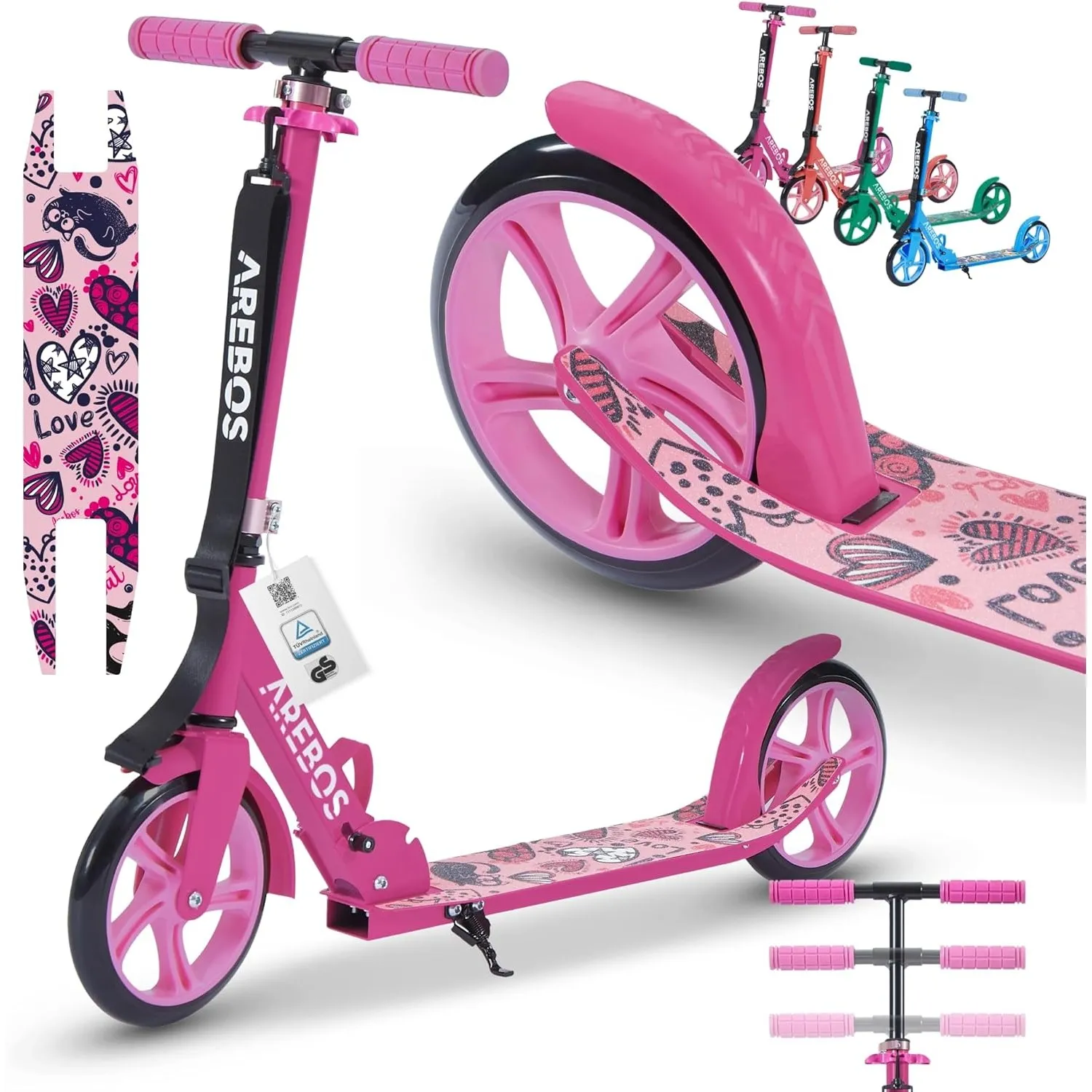 Arebos Cityroller Tretroller Scooter höhenverstellbar | klappbar | inkl. Traggurt | XXL Räder | Tritt-Bremse | für Kind…