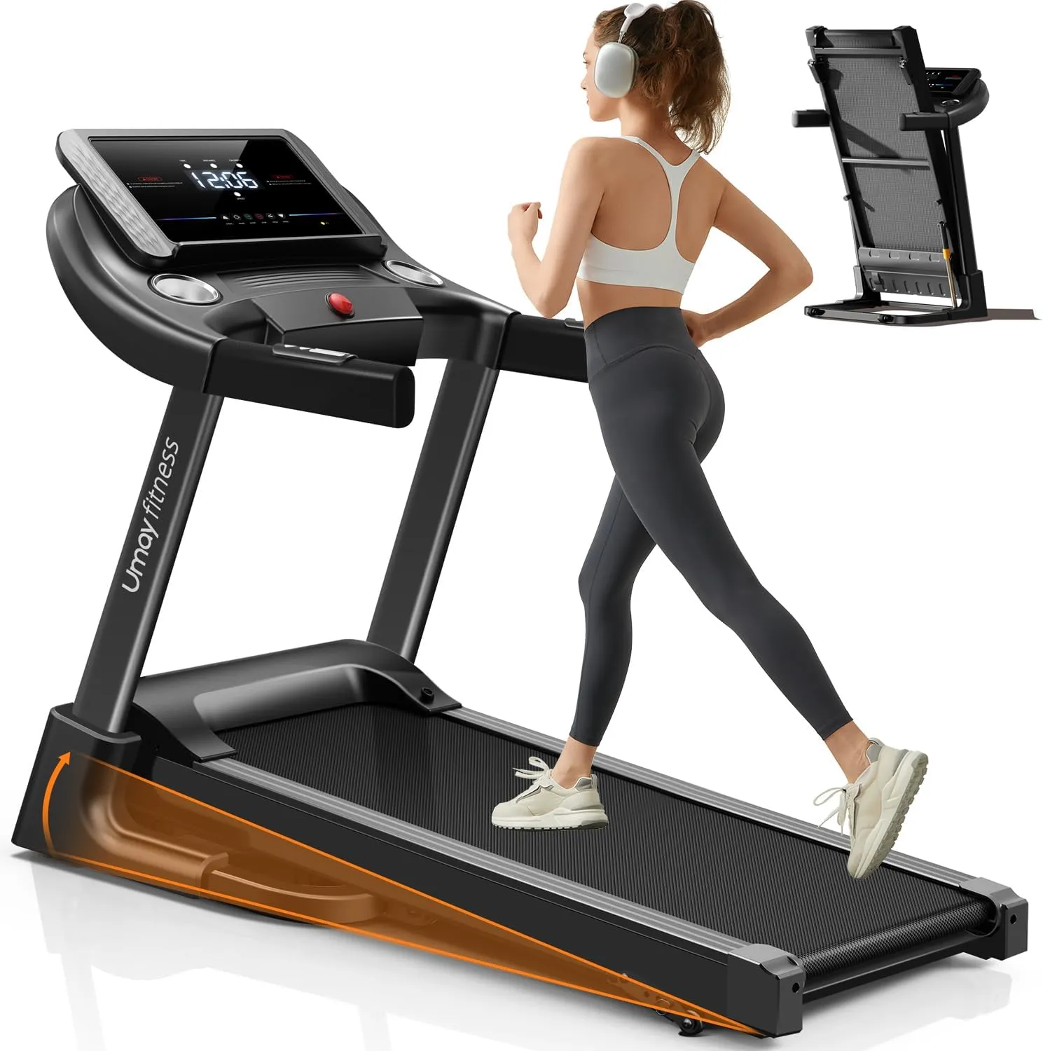 UMAY Laufband mit Steigung 14km/h, Laufband Für Zuhause Klappbar mit 3,0 PS Motor und 3 Steigungsstufen, Foldable Treadmill for Home mit 12 Trainingsprogrammen, Max Belastung 136KG
