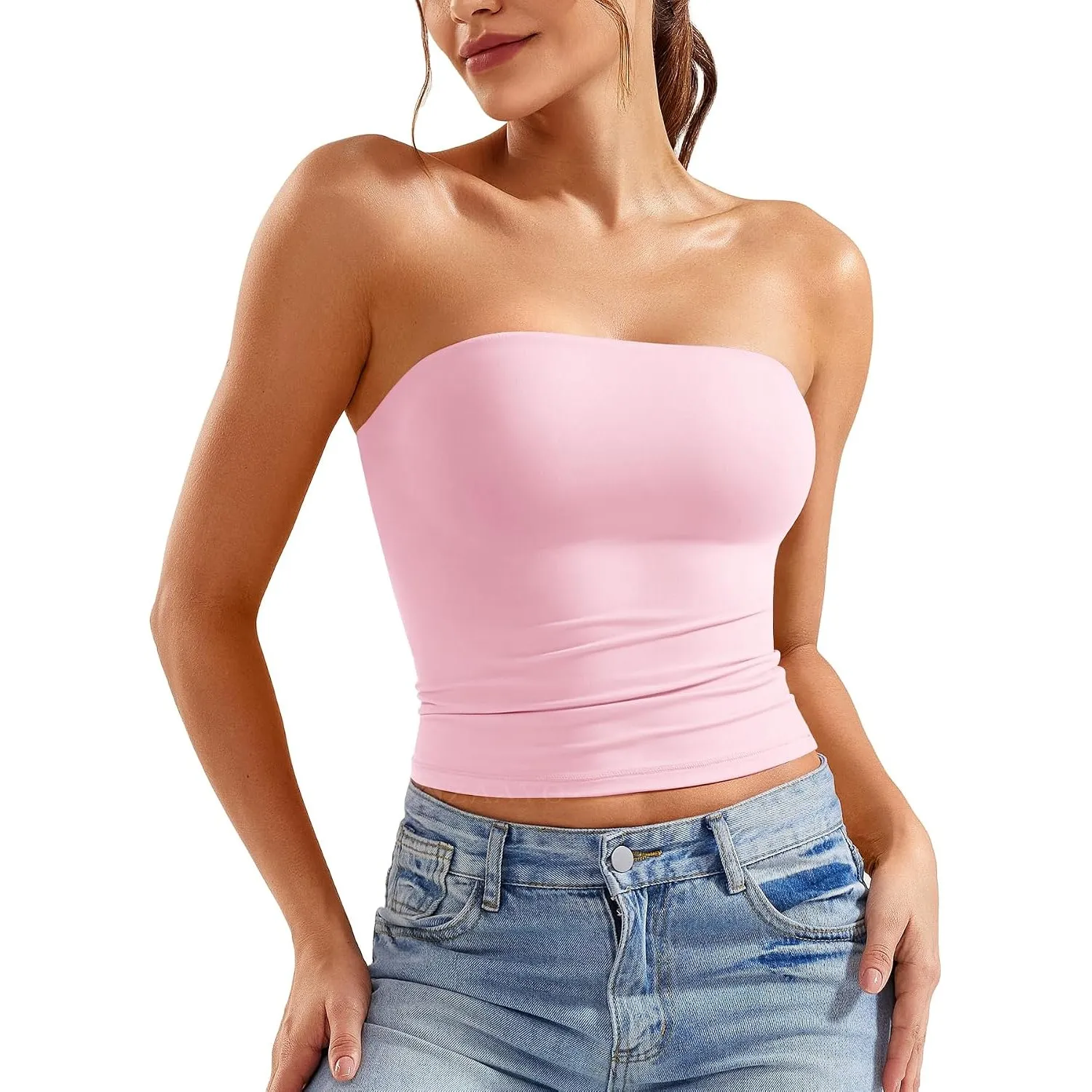 ZAAYYO Trägerloses Tube Top Damen Bandeau Top Y2K Slim Fit Sommer Crop Tops | Double Lined, No slip, Sexy, Long, Going …