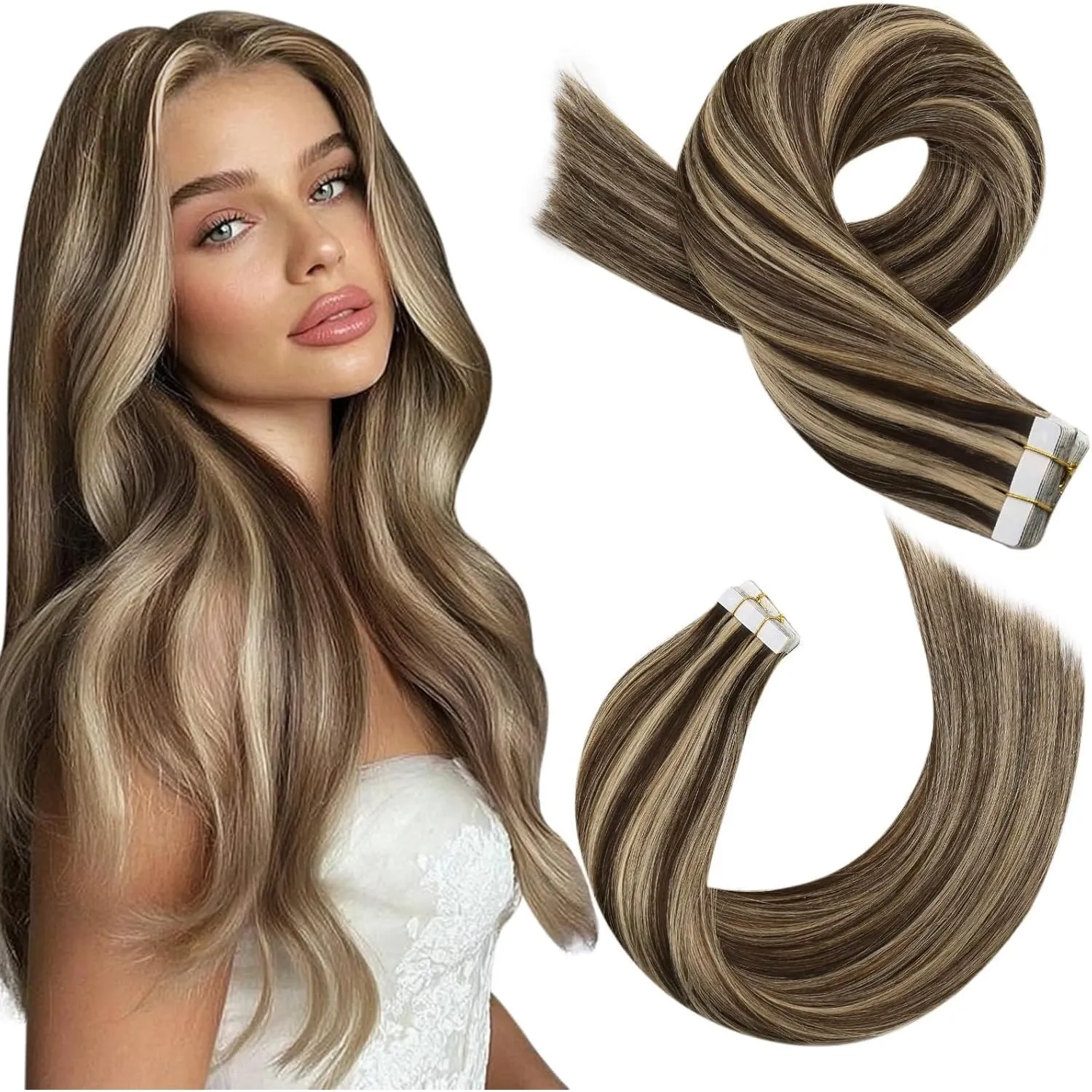 Moresoo Tape in Extensions Echthaar Highlight Braun 40 cm 50 g 20 Stück