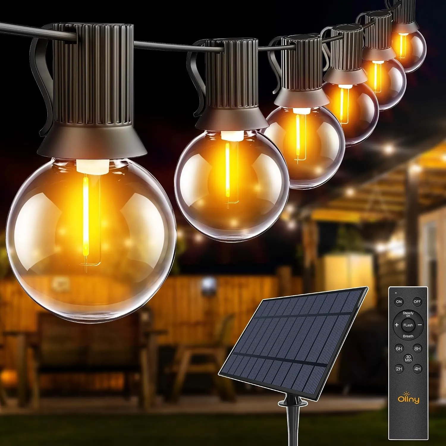 Ollny Solar Lichterkette Außen 20M mit 30+2 G40 LED-Glühbirnen | lichterkette Outdoor mit Fernbedienung, 3 Beleuchtungs…
