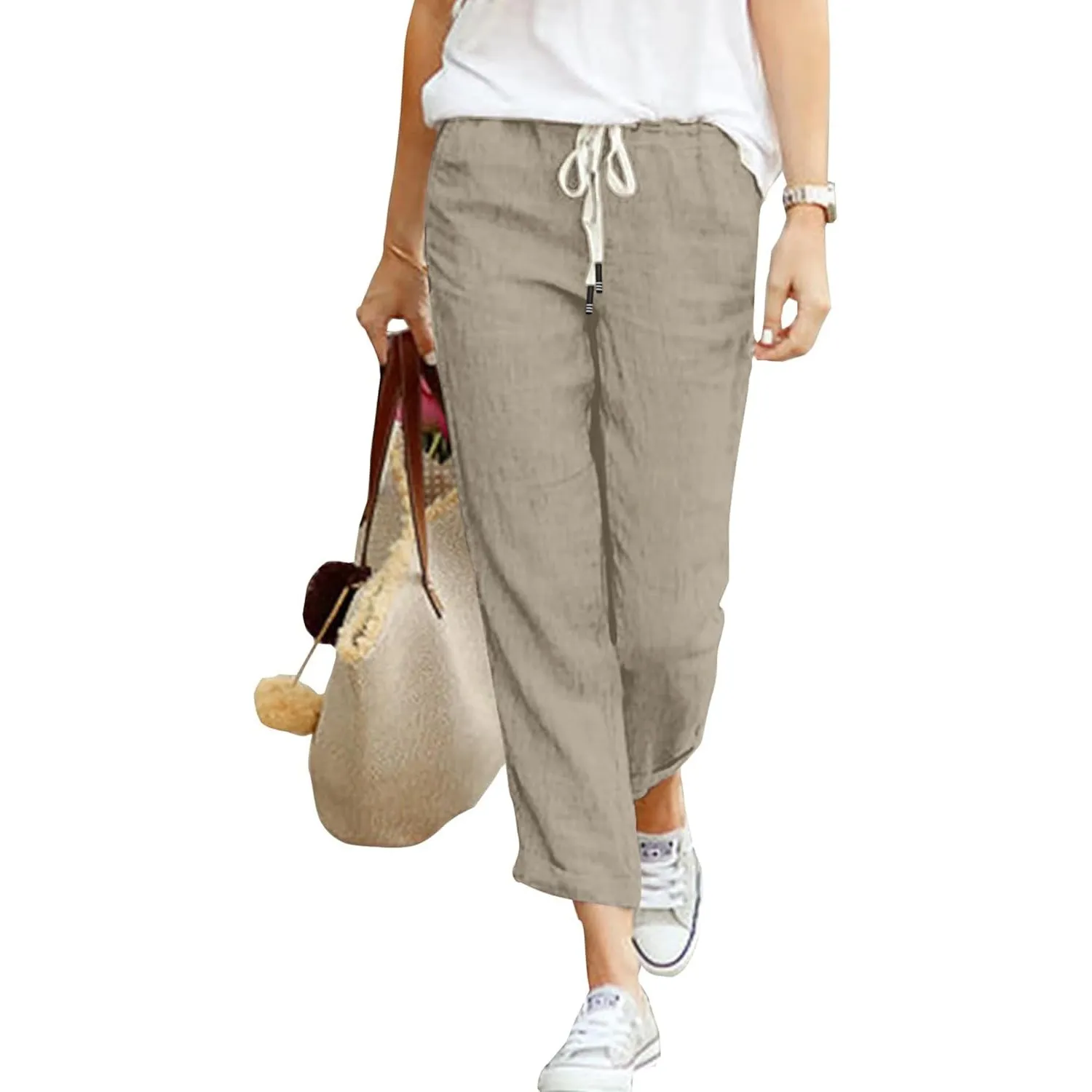 Hose Damen Leinen Sommerhose 7/8 Casual Leichte Baumwolle Leinenhose Stoffhose Bequeme Luftige Freizeithose Strandhose …