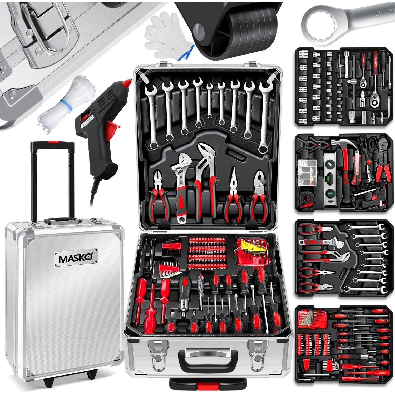 MASKO® Werkzeugkoffer 1400-teilig gefüllt | Werkzeugset im Aluminiumkoffer | Werkzeugkasten mit Rollen | Werkzeugkiste …