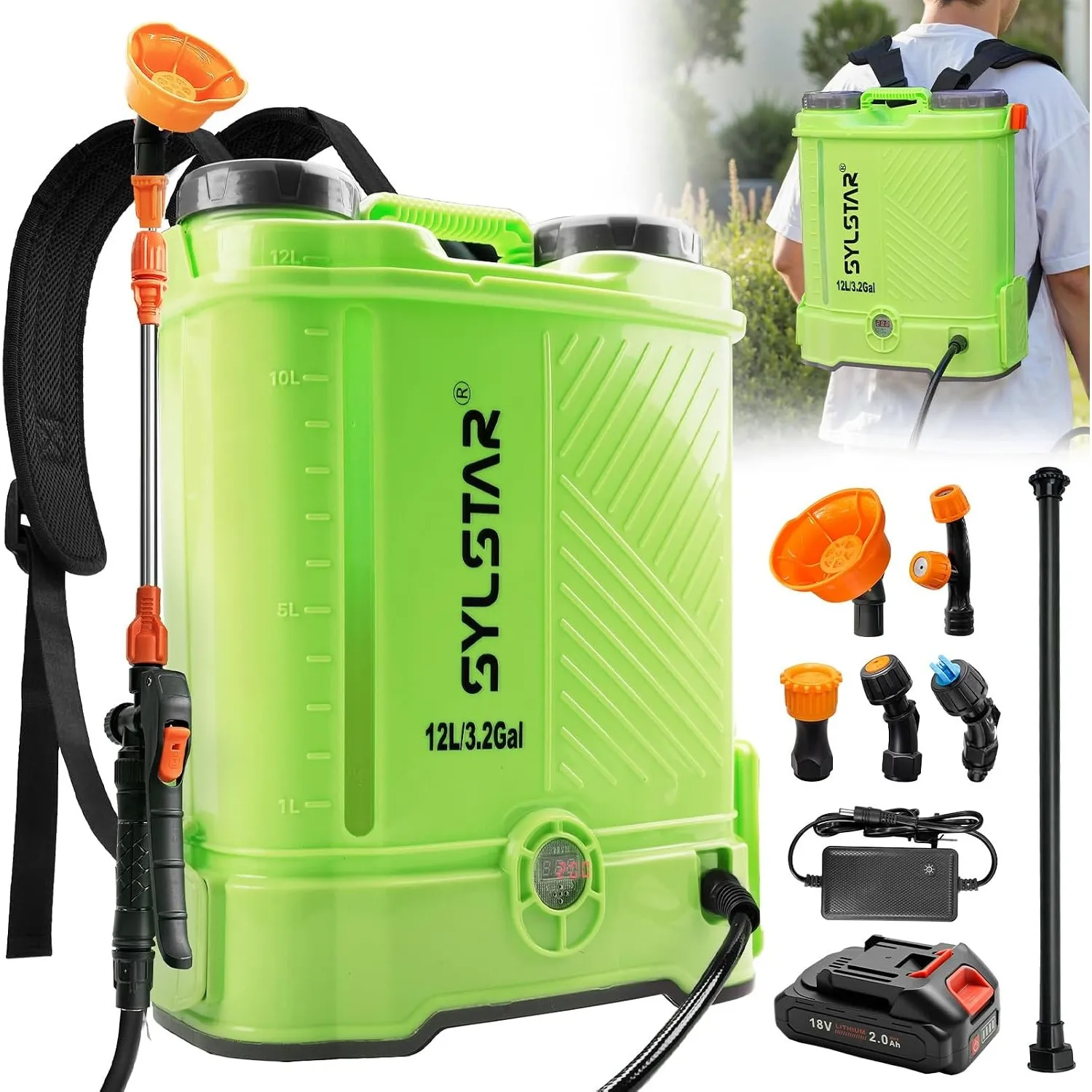 SYLSTAR Drucksprüher 12L, 5.5Bar Stärker Drucksprüher Akku Kompatibel mit Makita 18V Batterien,5 Düsen Elektrischer Pfl…