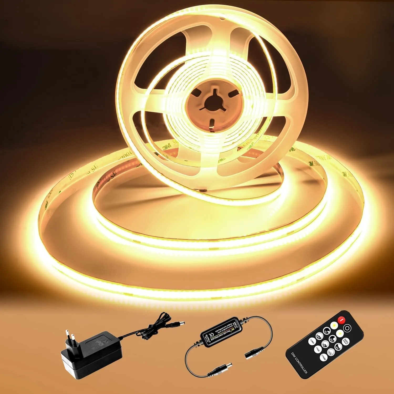 COB LED Streifen 5M, 2700K Warmweiss LED Strip, 24V Dimmbare Lichtband, CRI92, 8mm Breite, mit Fernbedienung und Netzte…