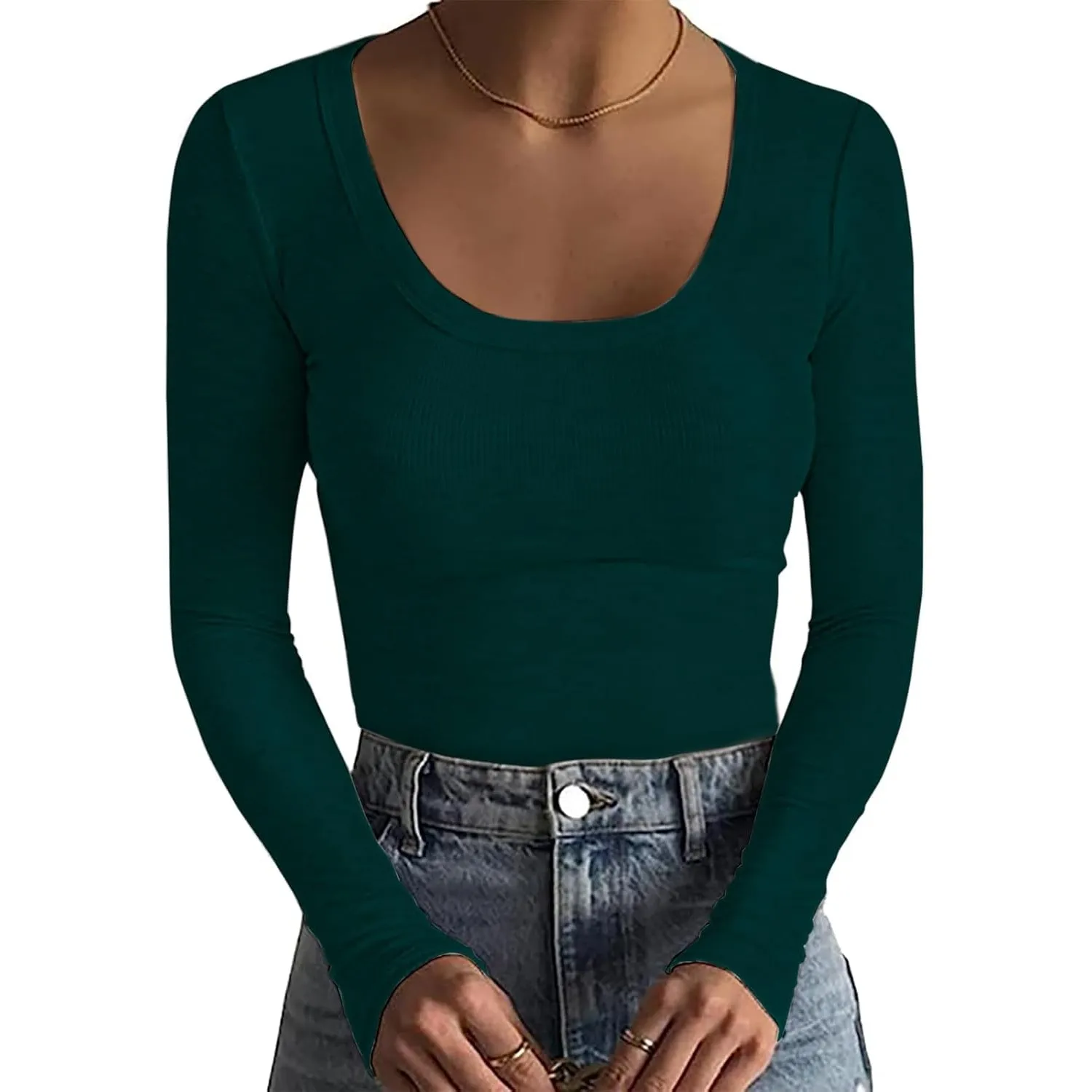Basicspace Damen Gerippte Tops Schlank Hautfreundlich Basic T Shirt Einfarbig Tops Sexy Dehnbar Lässig Tief U Hals T Sh…