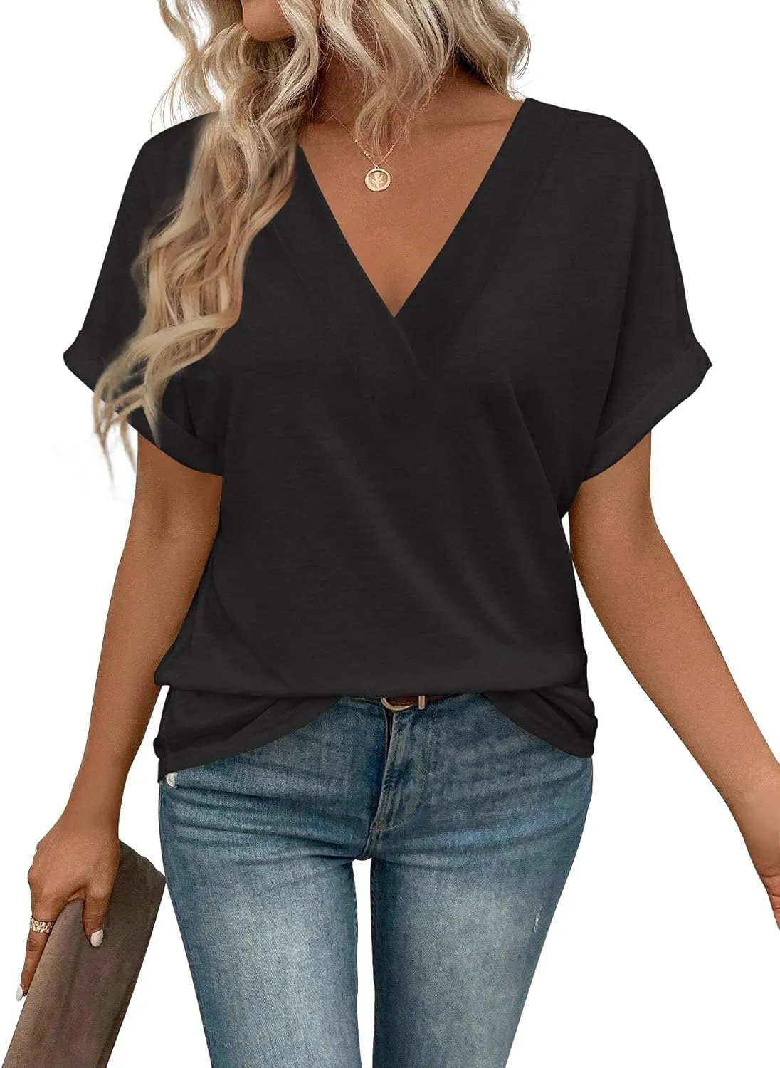 Cuptacc Tshirt Damen Oberteile Kurzarm V-Ausschnitt Shirts Damen Sommer Elegant Locker Basic Top