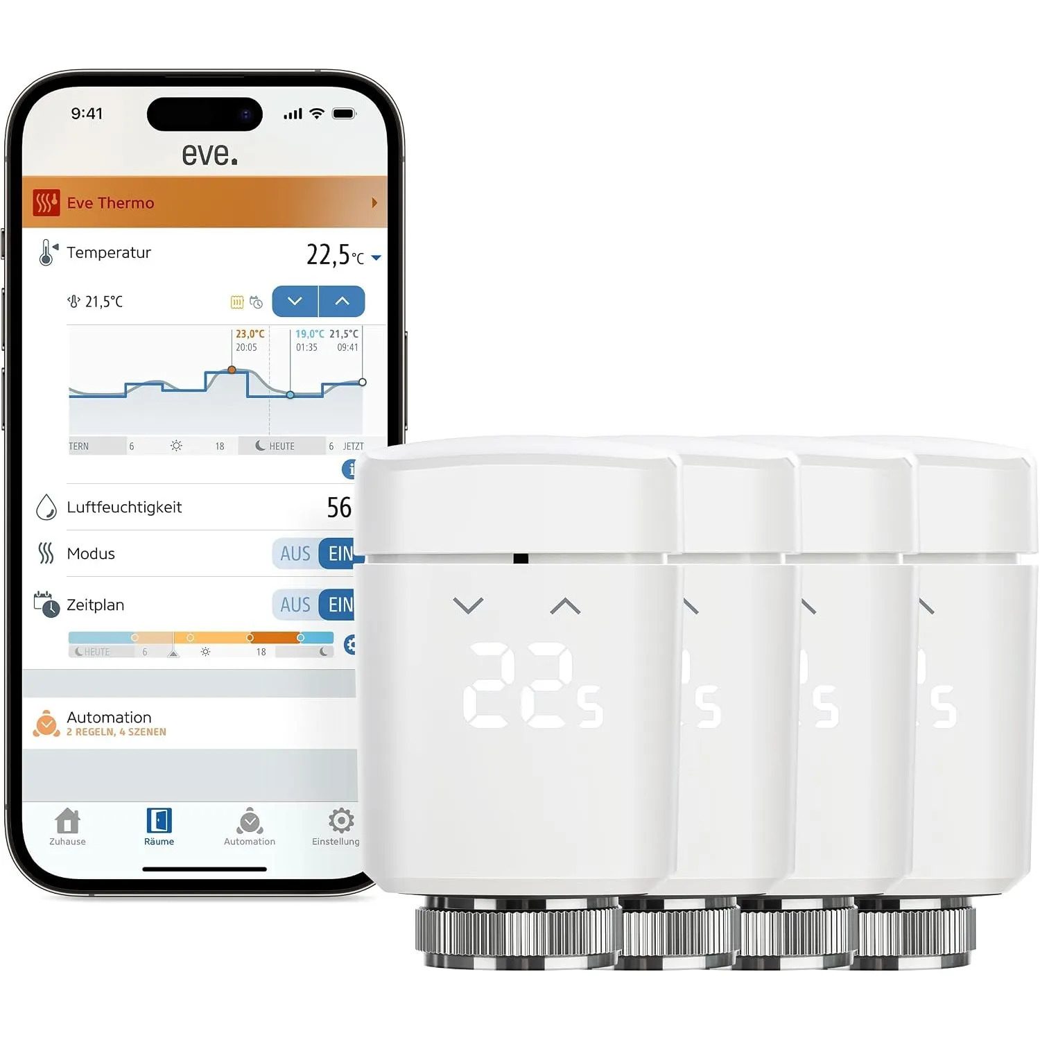 Eve Thermo (Matter) 4er Pack: Smartes Heizkörperthermostat, LED-Display mit Touch-Bedienfeld, Heizkosten sparen, Apple …