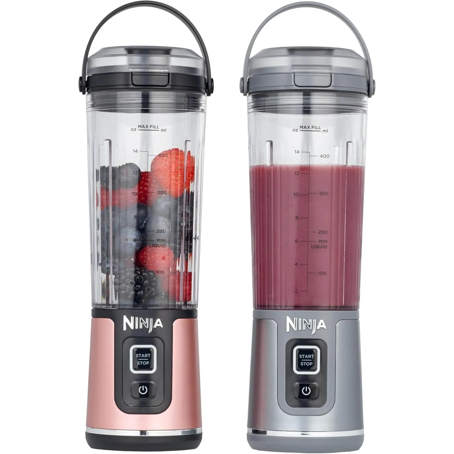 Ninja Blast Kabelloser Mini-Mixer, 530 ml, 2er-Pack, Auslaufsicherer Trinkdeckel, Wiederaufladbar, Roségold & Silber