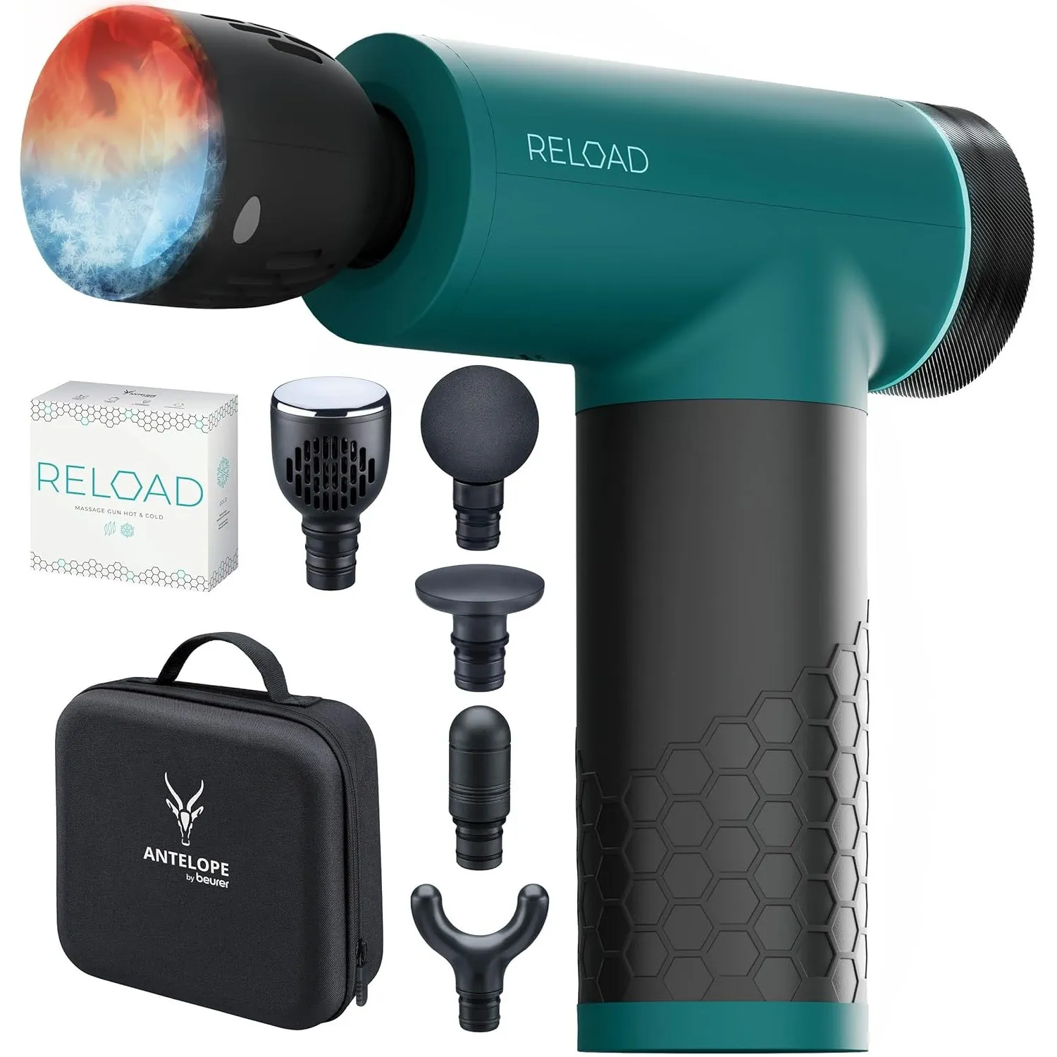 Antelope by Beurer RELOAD Massage Gun mit Wärme- und Kältefunktion, Muskelmassagegerät für Triggerpunkte, 5 Massageköpf…