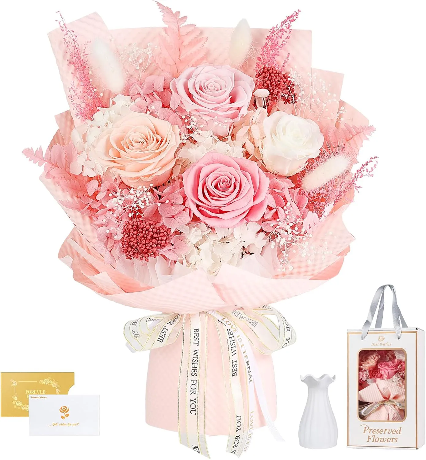 Ewige Rosen Blume Strauß mit Vase-Rosa, Infinity Konservierte Echt Flower, Rosestrauß in Geschenkbox, Geschenk für Sie …