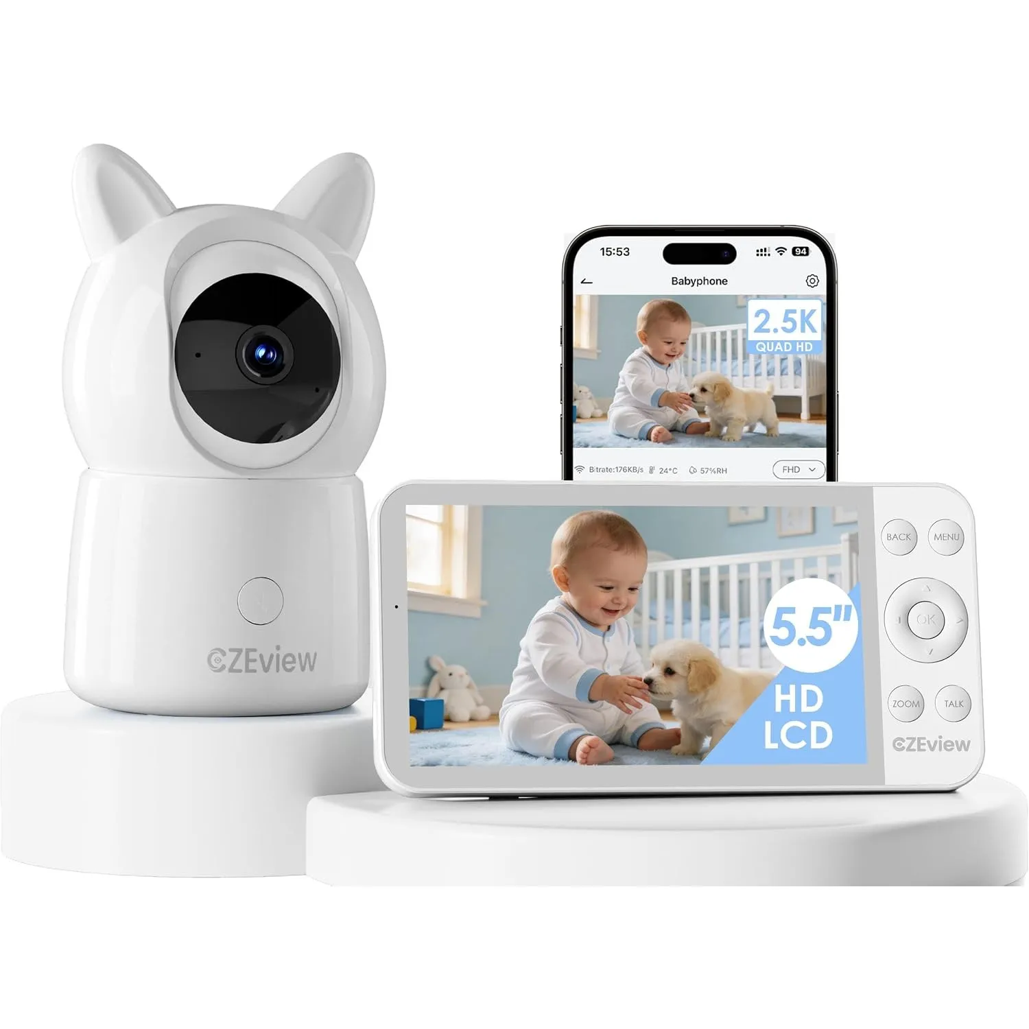 CZEview Babyphone mit Kamera 2.5K & 5.5-Zoll-HD-Großbildschirm, Nachtsicht, 360° WLAN Video Babyfon mit App, Musik & Bu…