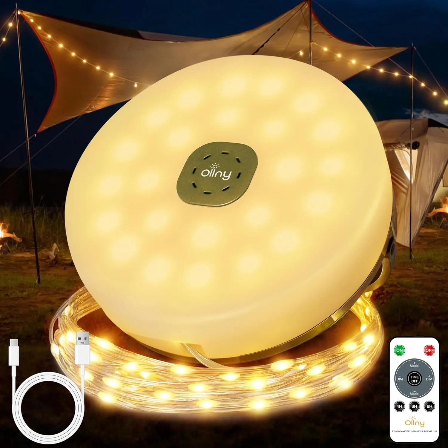 Ollny Camping Lichterkette Aufrollbar 10M, 4-in-1 Tragbare Wiederaufladbare Lichterkette Außen mit 8 Beleuchtungsmodi T…