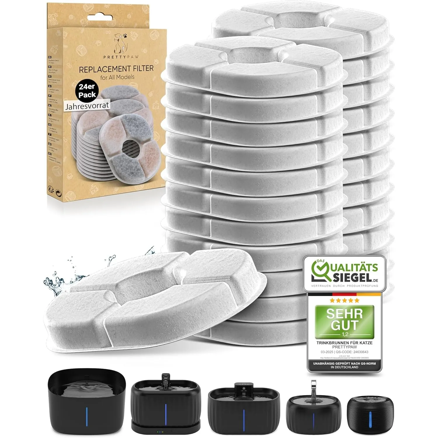 PrettyPaw Filter für Katzenbrunnen – Original Ersatzfilter für alle Pretty Paw Trinkbrunnen | 24er Pack = Jahresvorrat …
