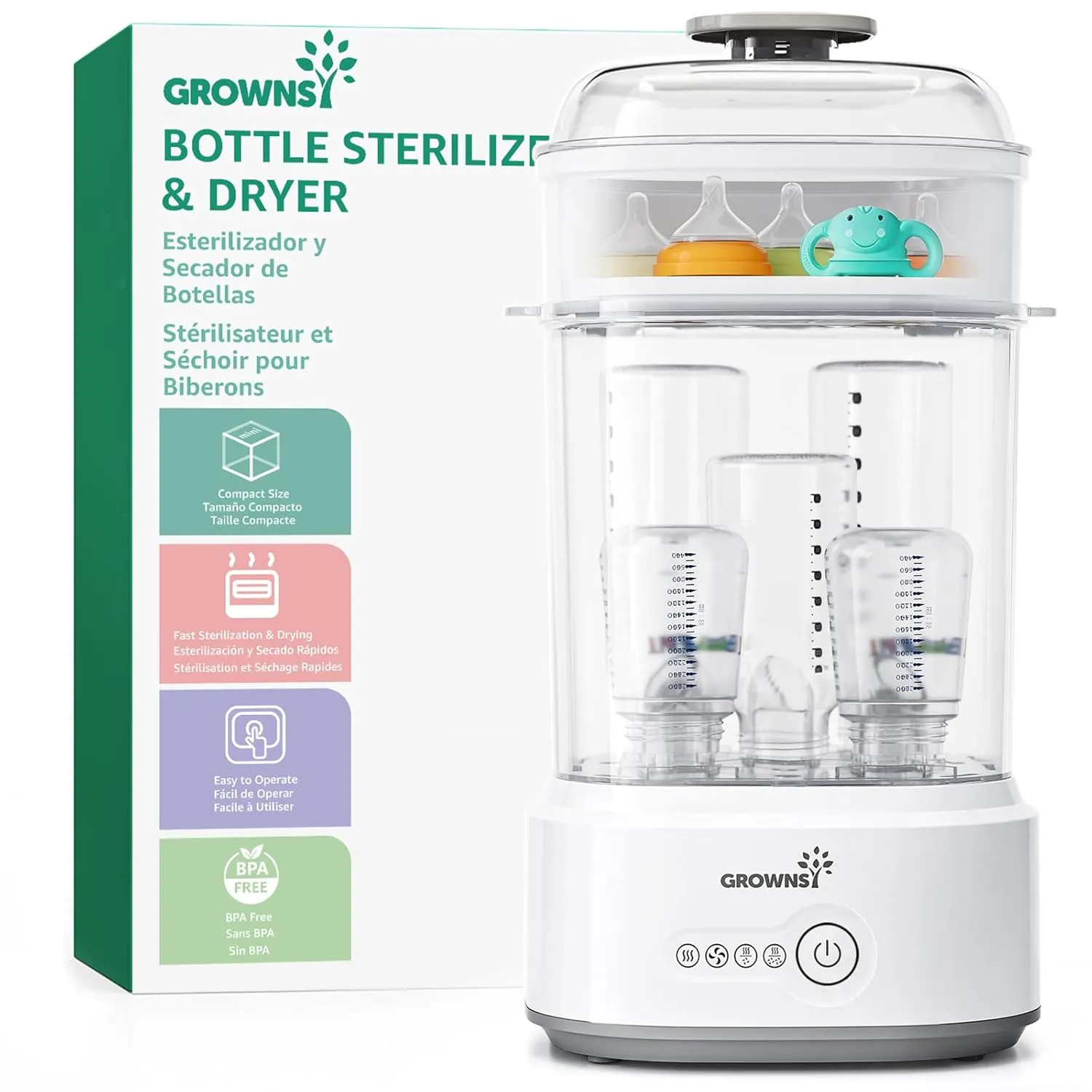 Grownsy Sterilisator für Babyflaschen mit Trocknerfunktion, 5-in-1 Dampfsterilisator Baby, Elektrischer Flaschensterili…