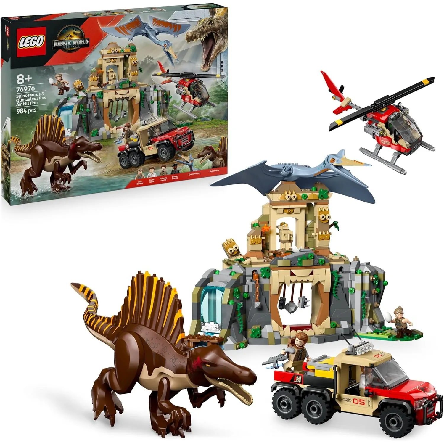 LEGO Jurassic World Spinosaurier & Quetzalcoatlus: Hubschrauber-Einsatz – 2 Spielzeug-Dinosaurier, Hubschrauber, LKW un…