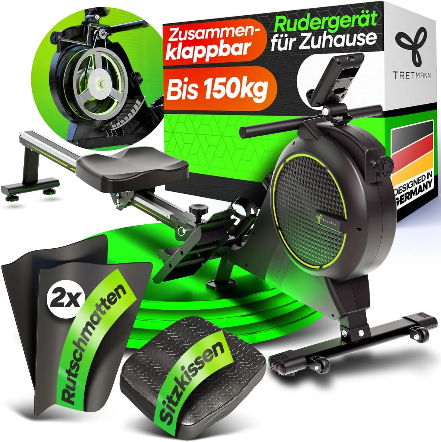 NEU Tretmann Rudergerät für Zuhause Set - extra leise- [Wirbelstrombremse2.0] bis 150KG Zertifiziert | patentiert ErgoK…