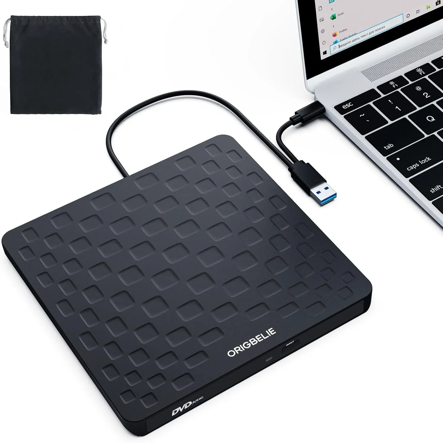 ORIGBELIE Externes DVD Laufwerk, USB 3.0 Typ-C Ultra Slim 13 mm Externer DVD Brenner Tragbares CD-DVD +/-RW Drive, Exte…