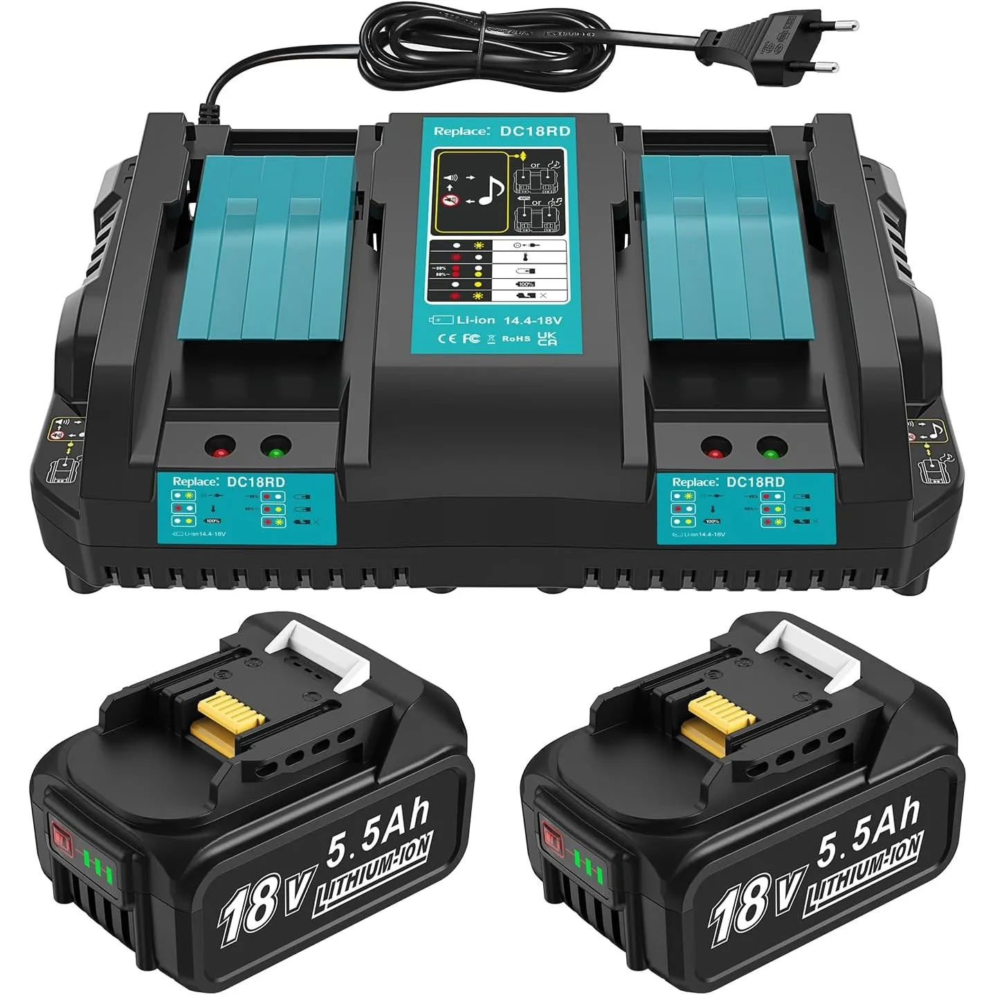 DC18RD 18V Ladegerät + 2 Stück 5,5Ah Ersatzakku Kompatibel mit Makita Akku und Ladegerät, 18V ErsatzAkkus BL1860B BL185…
