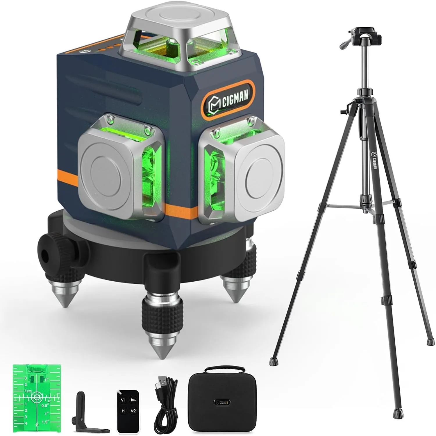 CIGMAN 3×360° Kreuzlinienlaser mit 1,5 m Aluminium-Stativ, 30 Std. Akku
