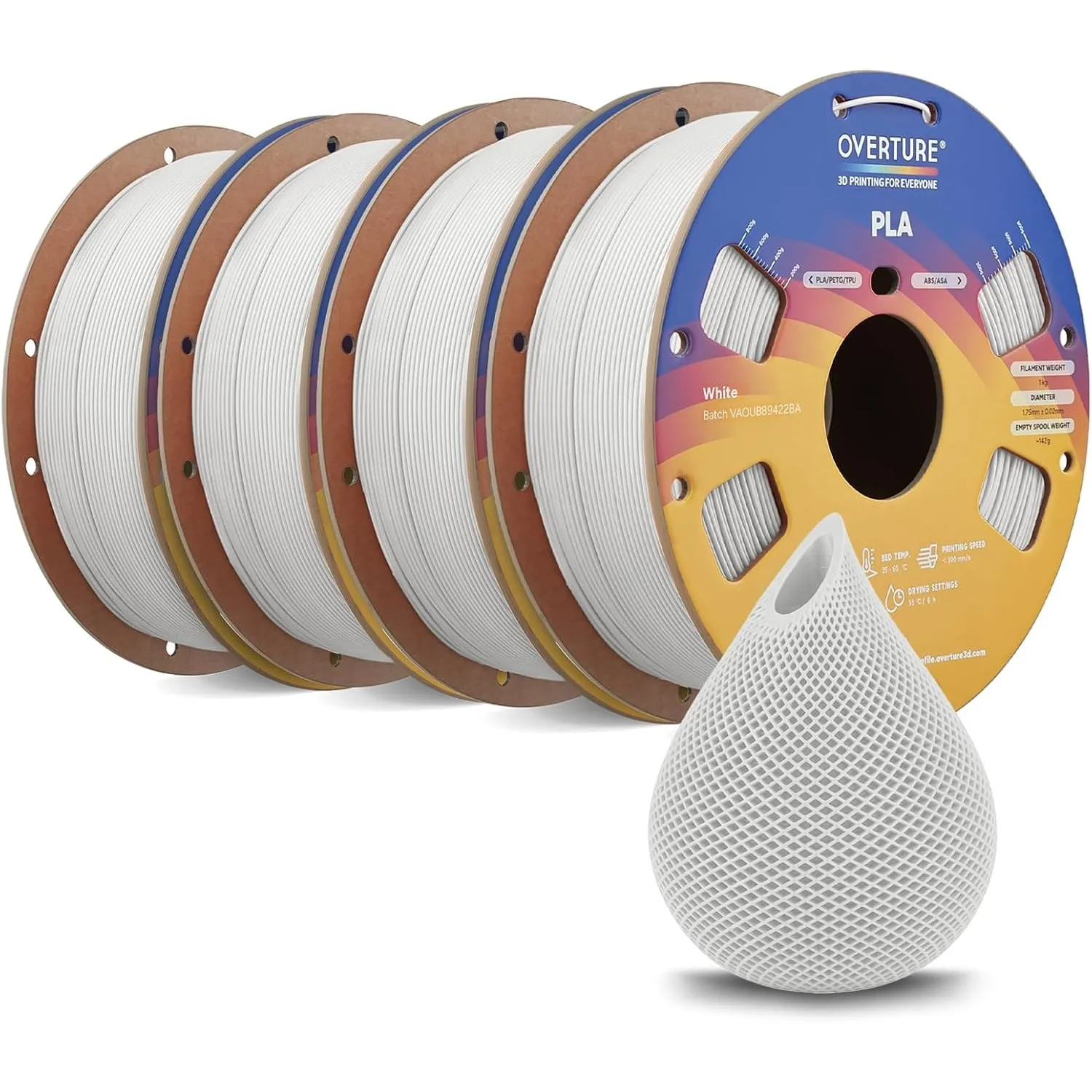 OVERTURE PLA Filament 1,75 mm Weiß, 4kg | Super Speedy | Gleichmäßige Extrusion • Stärkere Zähigkeit • Maßhaltig ±0,02 …