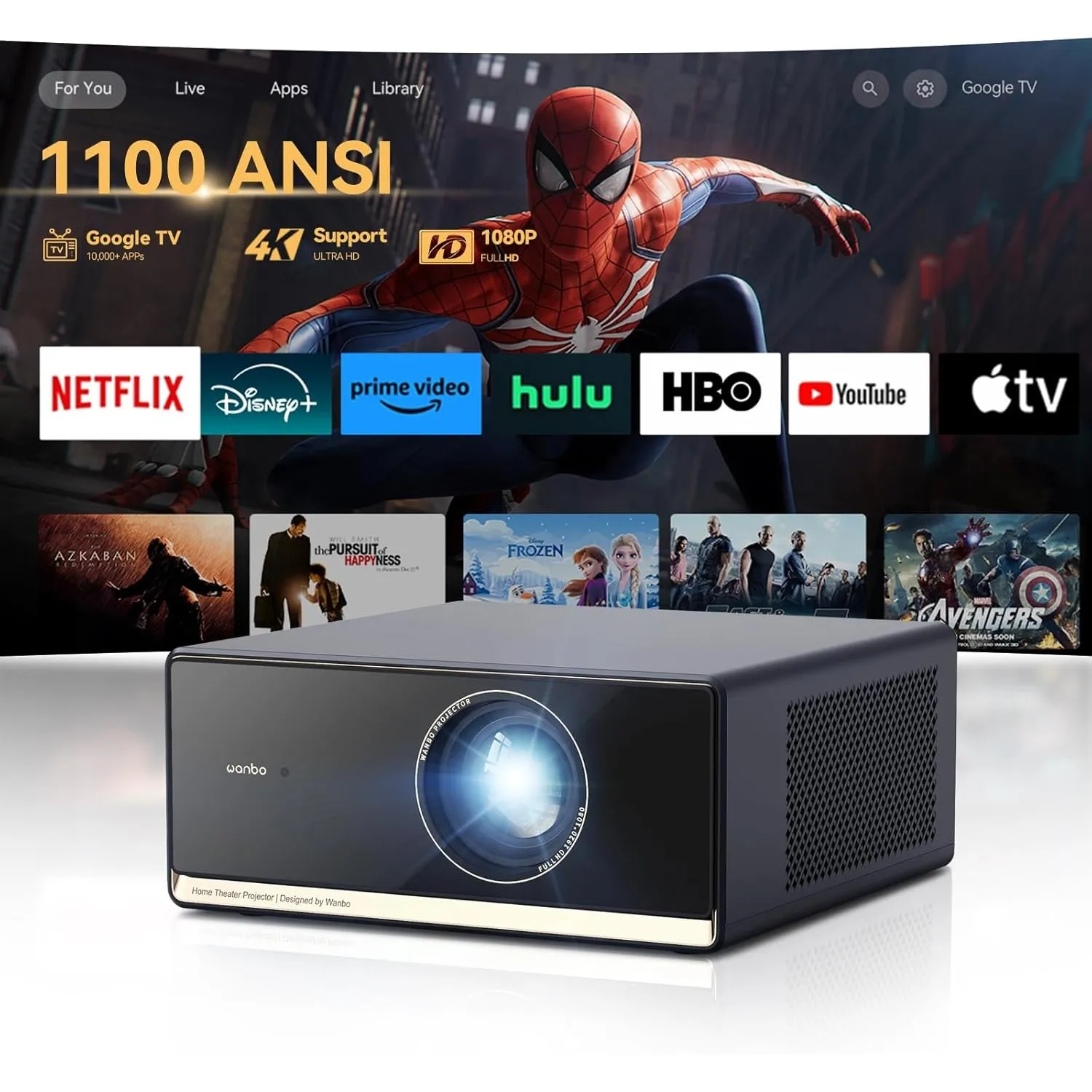 Smart Beamer 4K Heimkino Projektor, Google TV/Netflix/1100ANSI, HDR10, Autofokus Trapezkorrektur, 2.4G+5G WiFi Bluetoot…