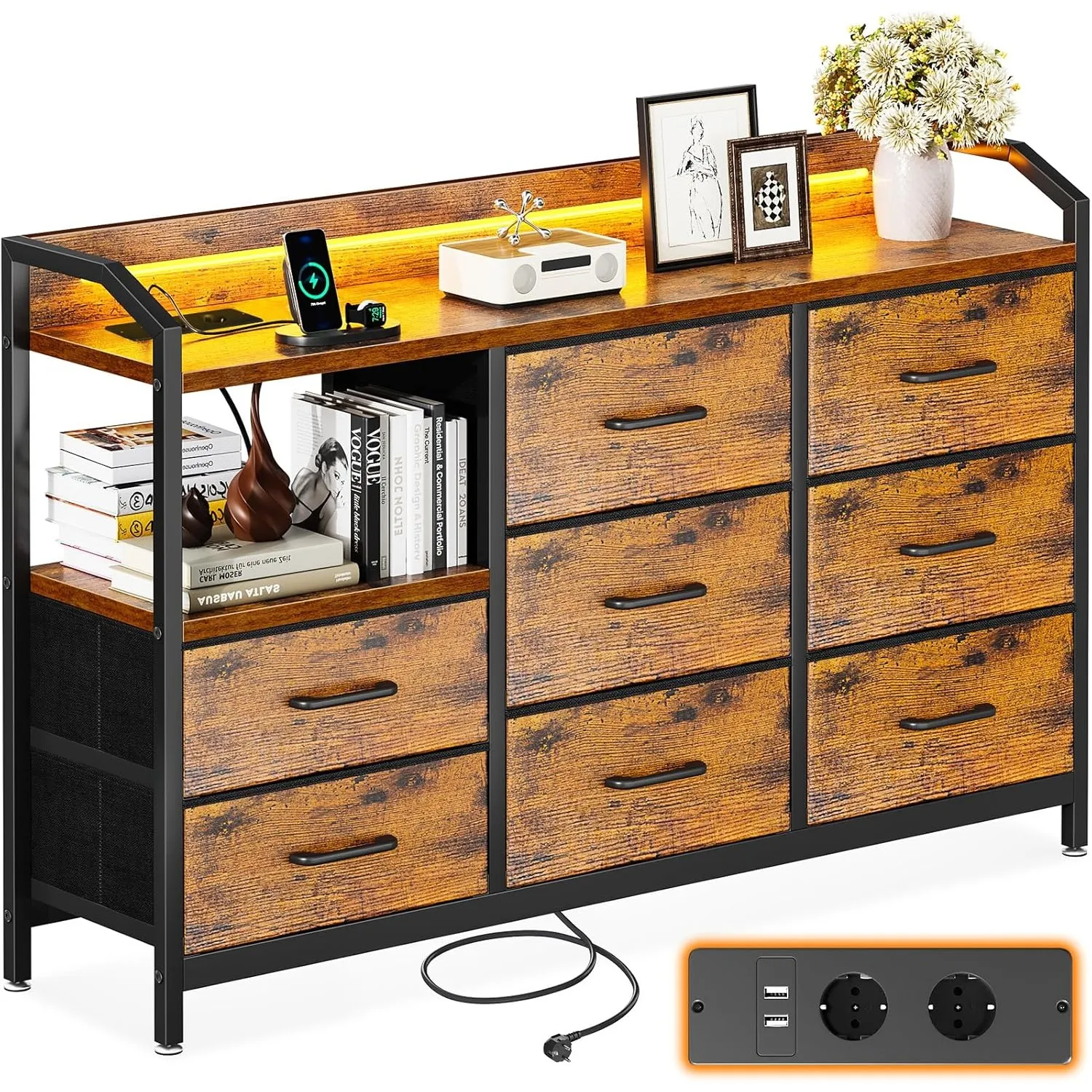 ODK Kommode mit Schubladen, Schubladenschrank mit LED-Lichtstreifen mit 10 Einstellbaren Farben und 2 USB- und 2 AC-Ste…