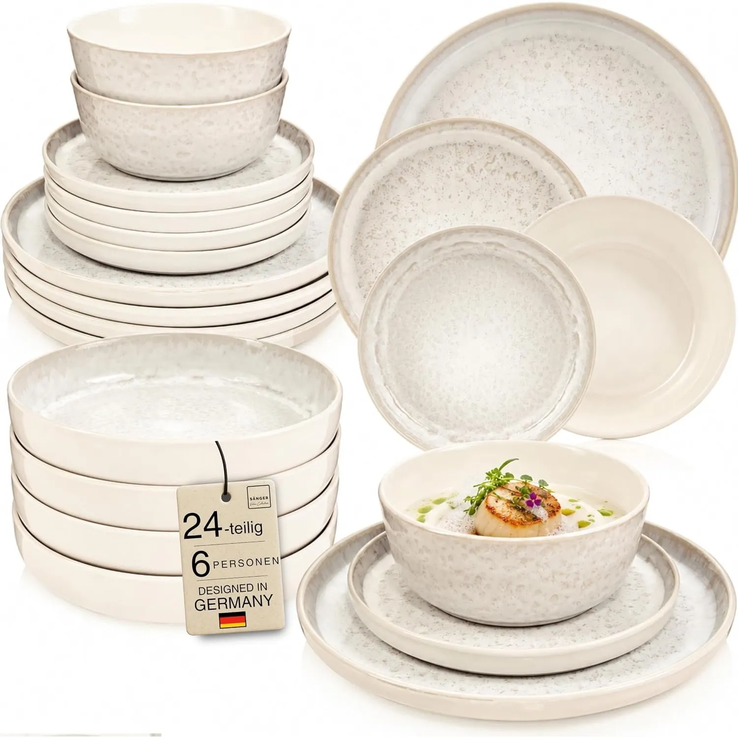 SÄNGER Key West Steingut Geschirrset 6 Personen, Teller Set 24-tlg Creme