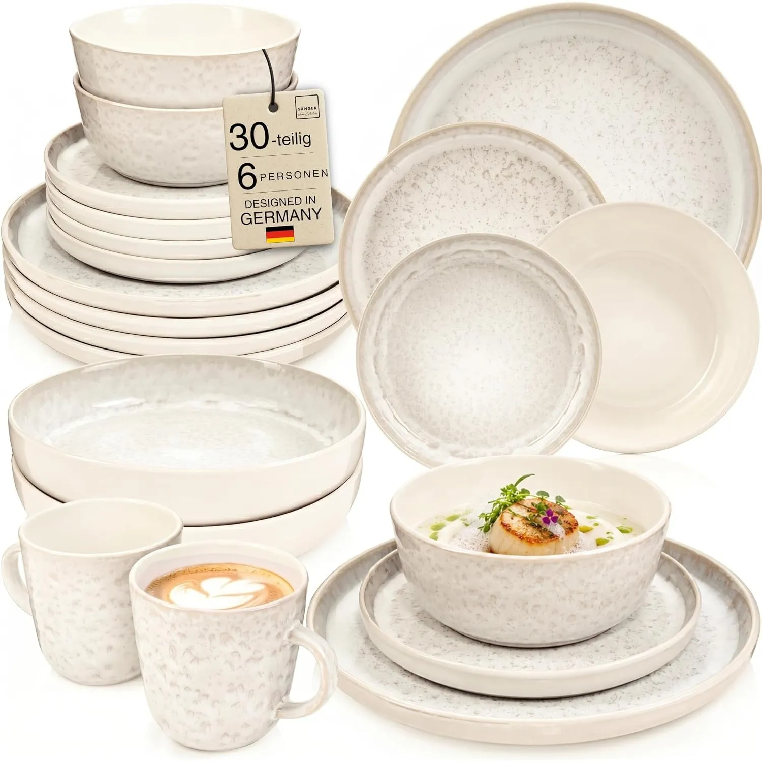 SÄNGER Key West Steingut Geschirrset 6 Personen, Teller Set 30-tlg Creme
