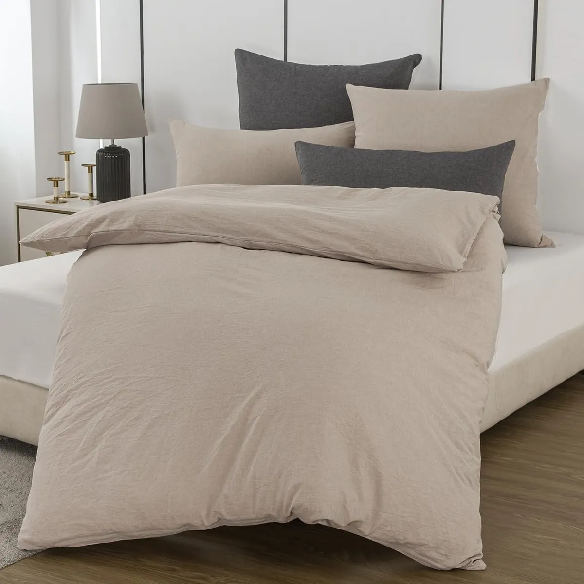 Bettwäsche 155x220 Baumwolle 2teilig, Beige | 100% Baumwolle, gewaschene Leinenoptik, 1x Bettbezug 155x220 + 1x Kissenb…
