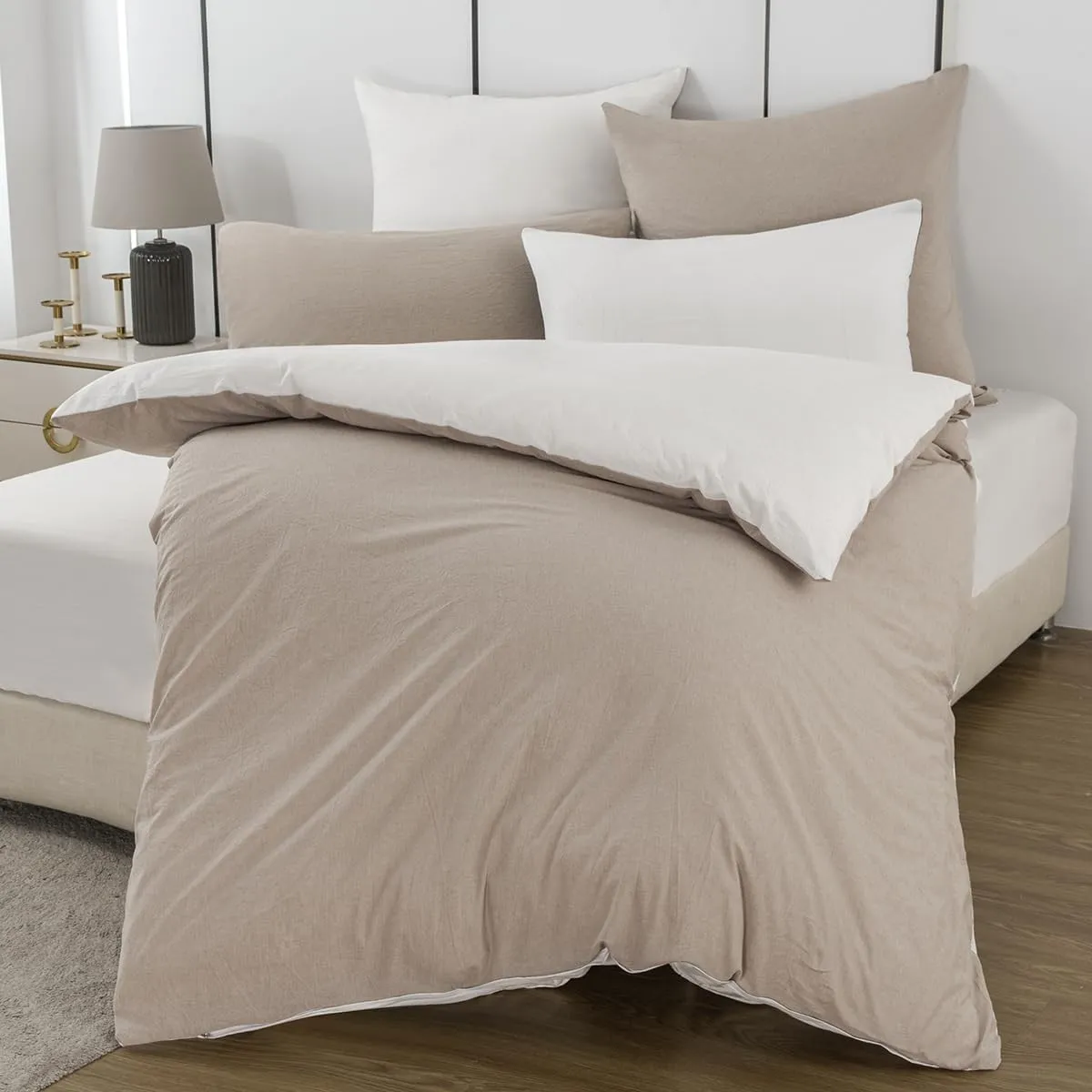 Bettwäsche 135x200 Baumwolle 2teilig, Beige/Weiß